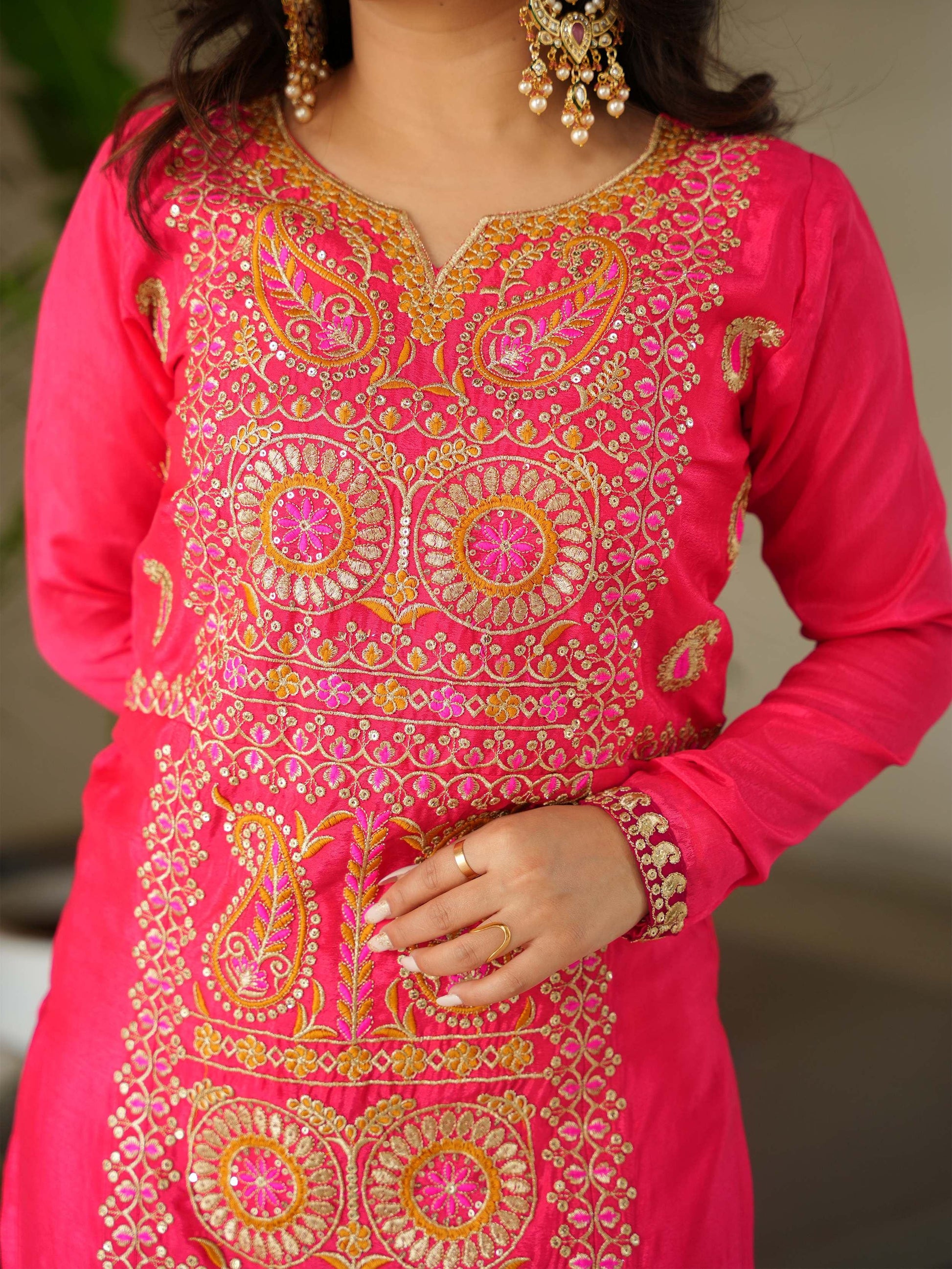 Attractive Pink Zari Work Chinon Festive Wear Salwar With Dupatta