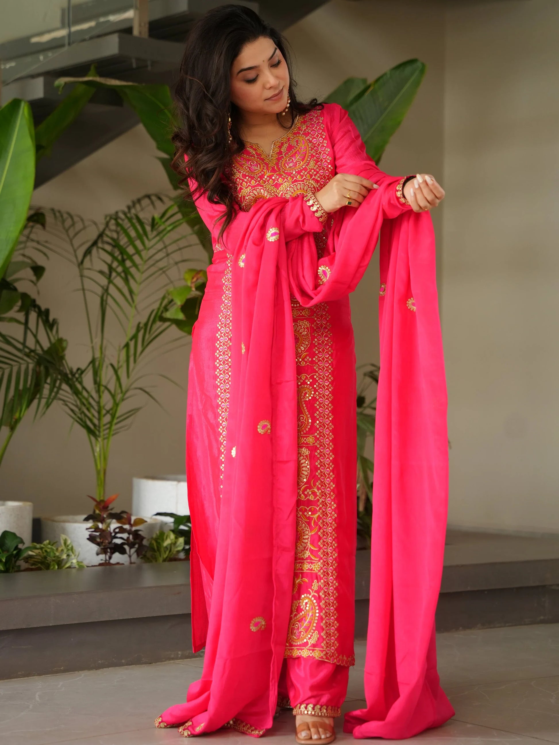Attractive Pink Zari Work Chinon Festive Wear Salwar With Dupatta
