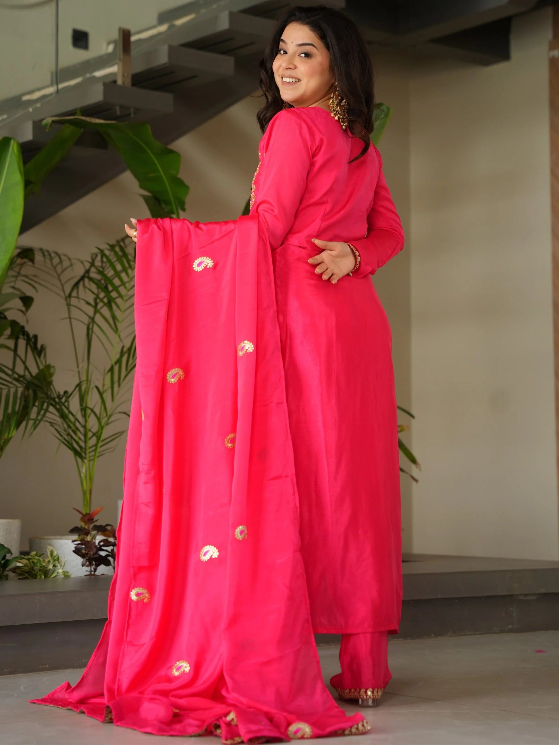 Attractive Pink Zari Work Chinon Festive Wear Salwar With Dupatta