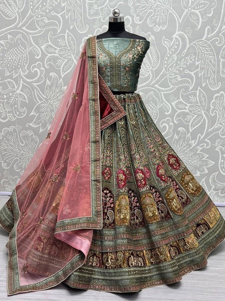 Attractive Pista Embroidered Velvet Lehenga Choli With Double Dupatta