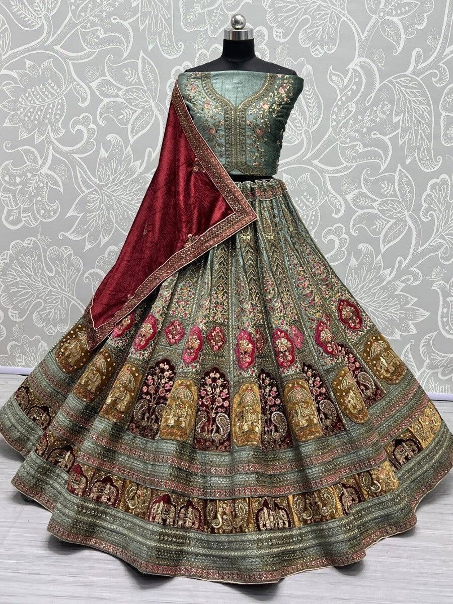 Attractive Pista Embroidered Velvet Lehenga Choli With Double Dupatta