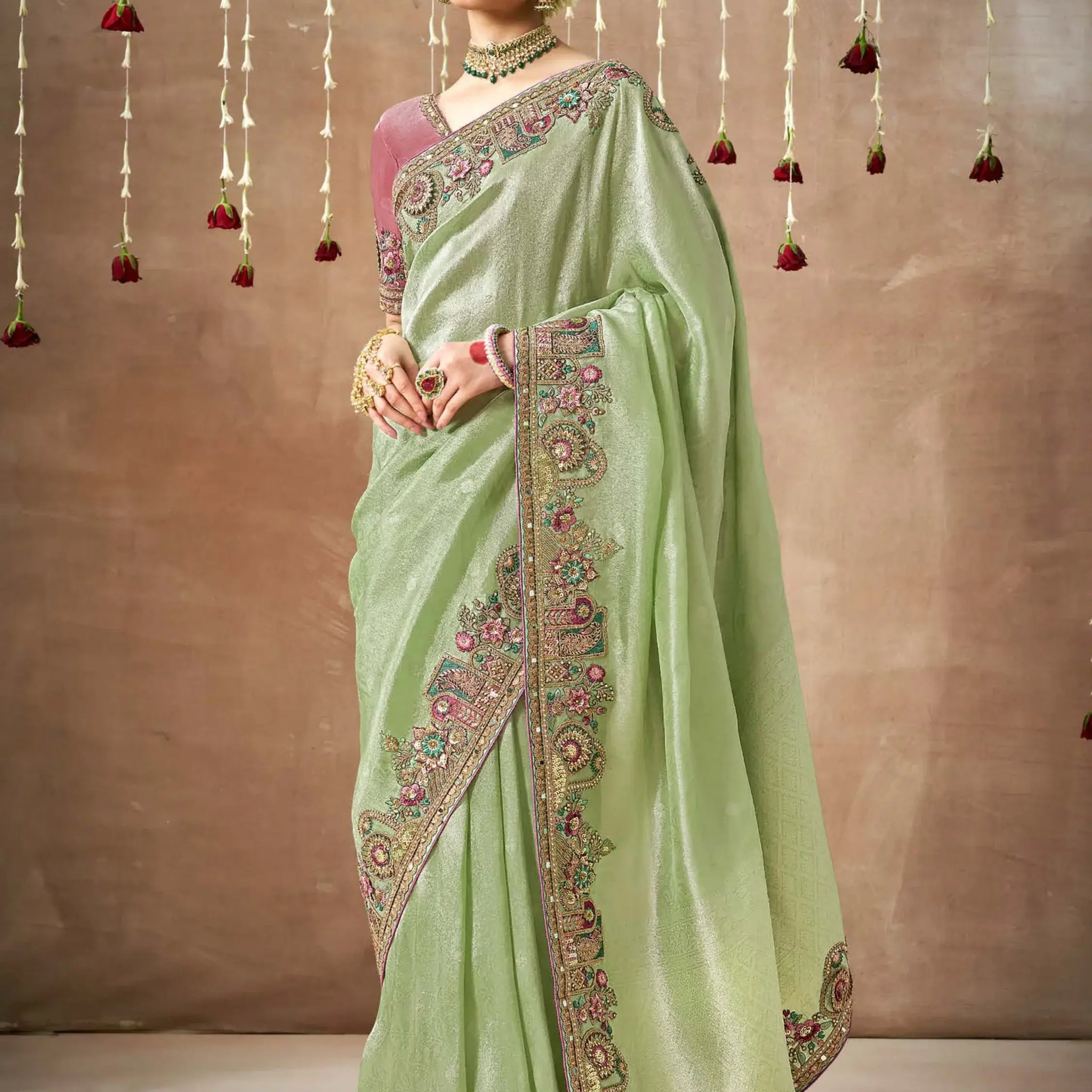 Attractive Pista Green Heavy Border Work Silk Saree With Blouse - Zeel Clothing