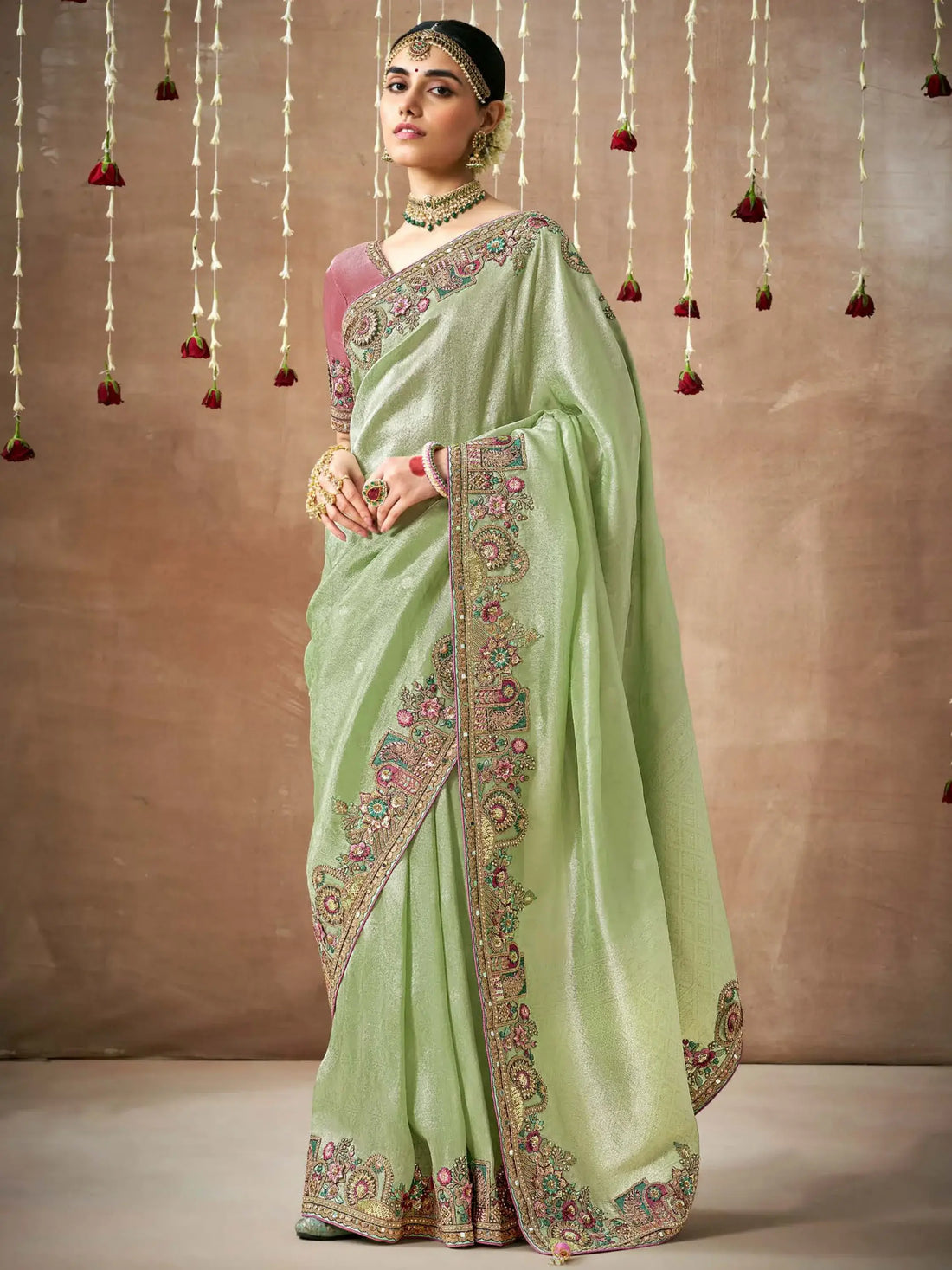 Attractive Pista Green Heavy Border Work Silk Saree With Blouse - Zeel Clothing