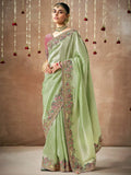 Attractive Pista Green Heavy Border Work Silk Saree With Blouse - Zeel Clothing