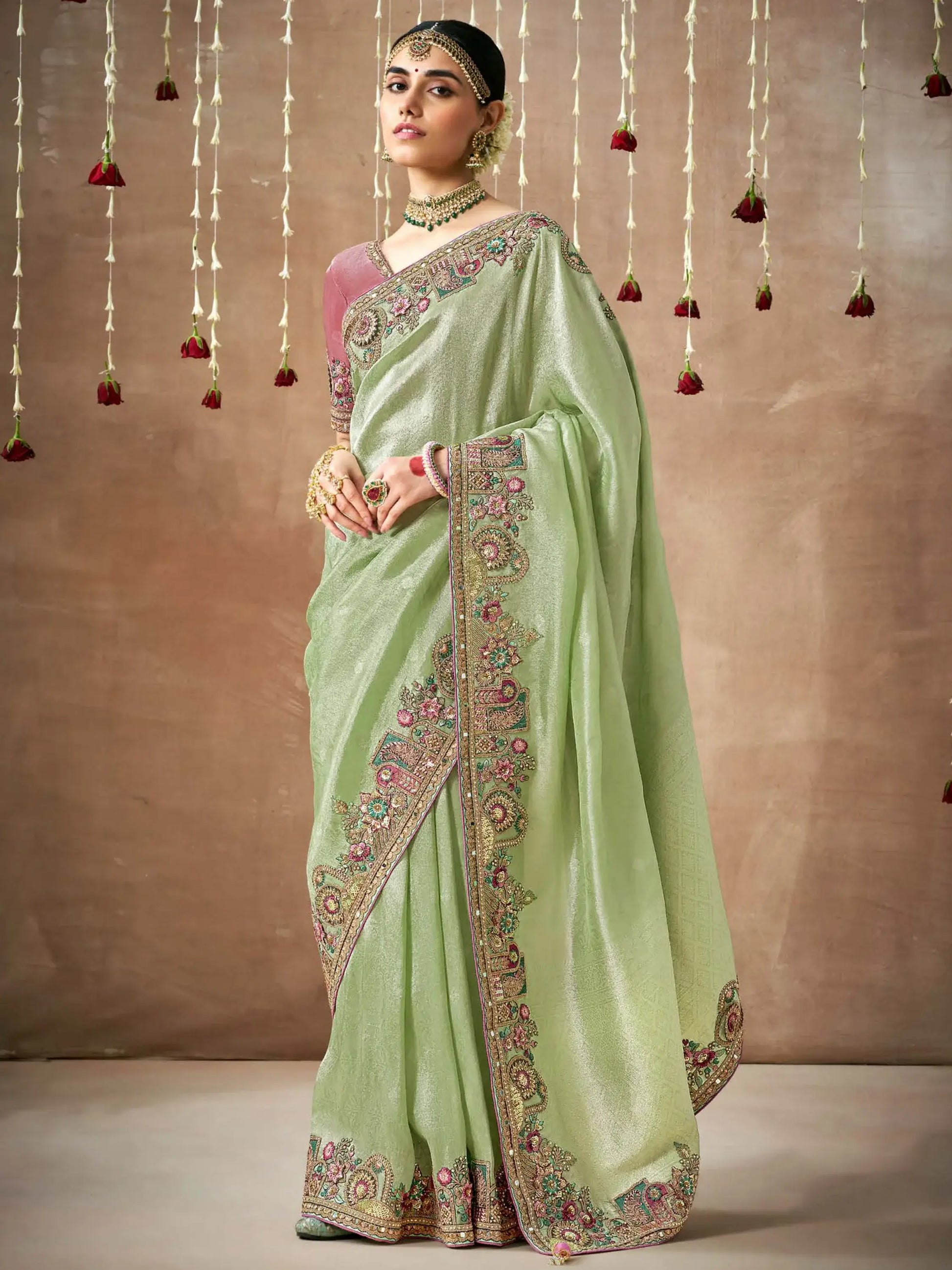 Attractive Pista Green Heavy Border Work Silk Saree With Blouse - Zeel Clothing