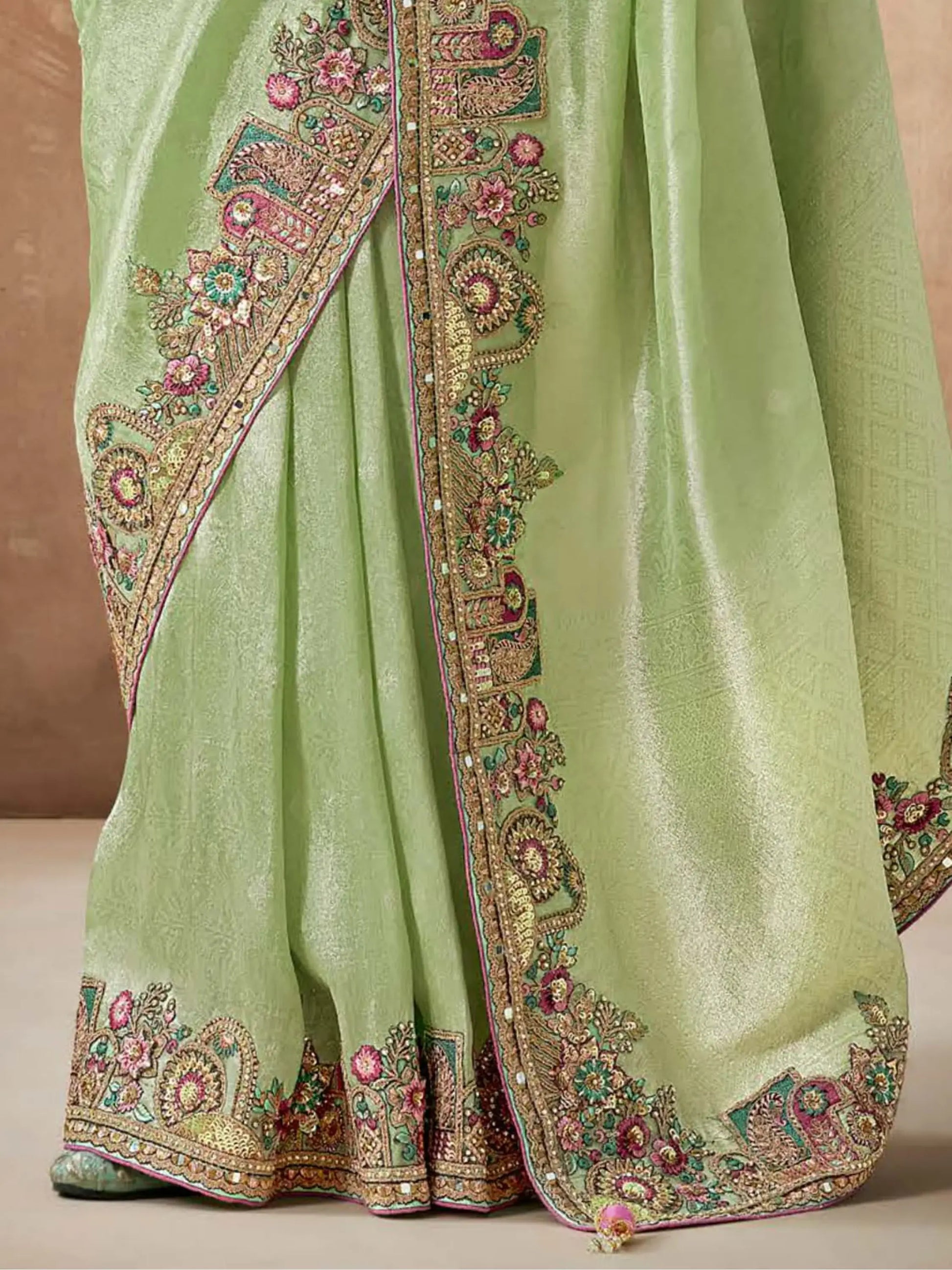 Attractive Pista Green Heavy Border Work Silk Saree With Blouse - Zeel Clothing