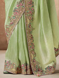 Attractive Pista Green Heavy Border Work Silk Saree With Blouse - Zeel Clothing
