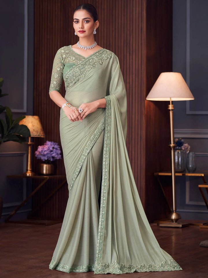 Attractive Pista Green Heavy Lace Work Silk Saree With Blouse - Zeel Clothing