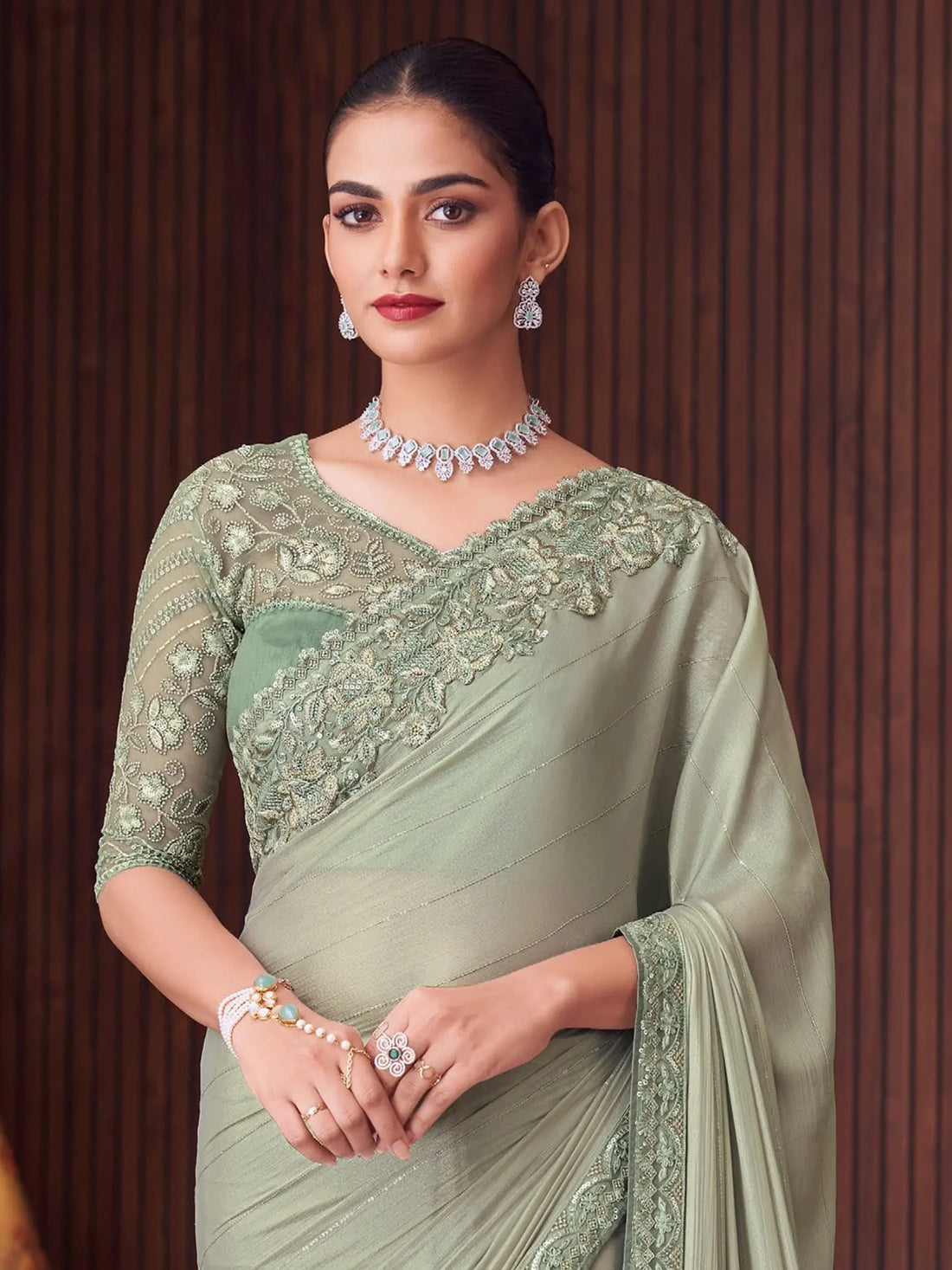 Attractive Pista Green Heavy Lace Work Silk Saree With Blouse - Zeel Clothing