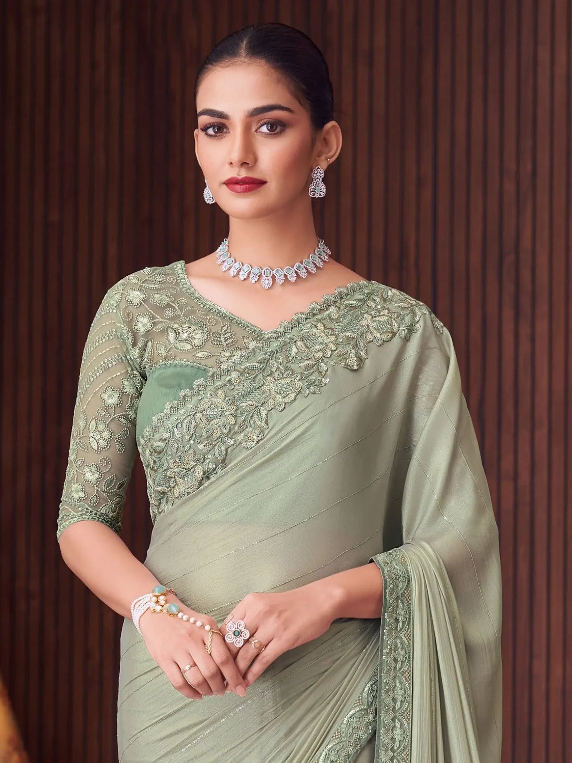 Attractive Pista Green Heavy Lace Work Silk Saree With Blouse - Zeel Clothing