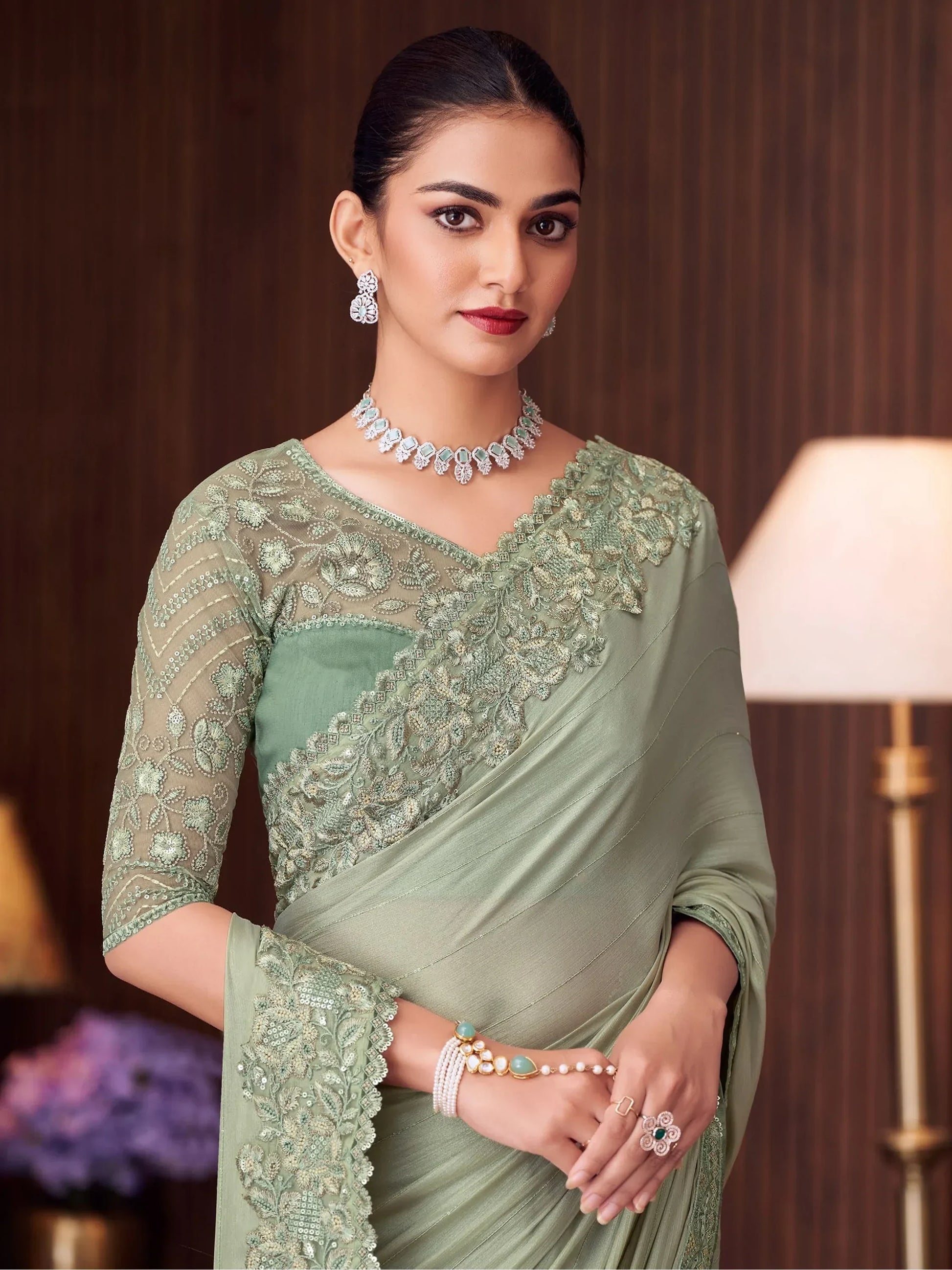 Attractive Pista Green Heavy Lace Work Silk Saree With Blouse - Zeel Clothing
