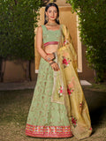 Attractive Pista Green Sequins Georgette Lehenga Choli With Dupatta