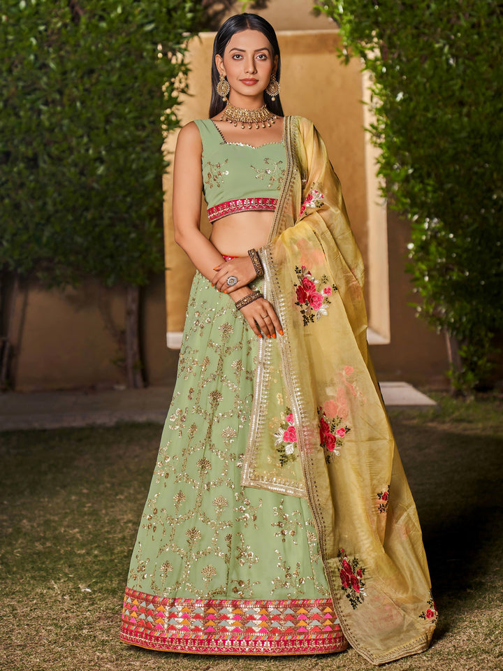 Attractive Pista Green Sequins Georgette Lehenga Choli With Dupatta