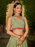 Attractive Pista Green Sequins Georgette Lehenga Choli With Dupatta