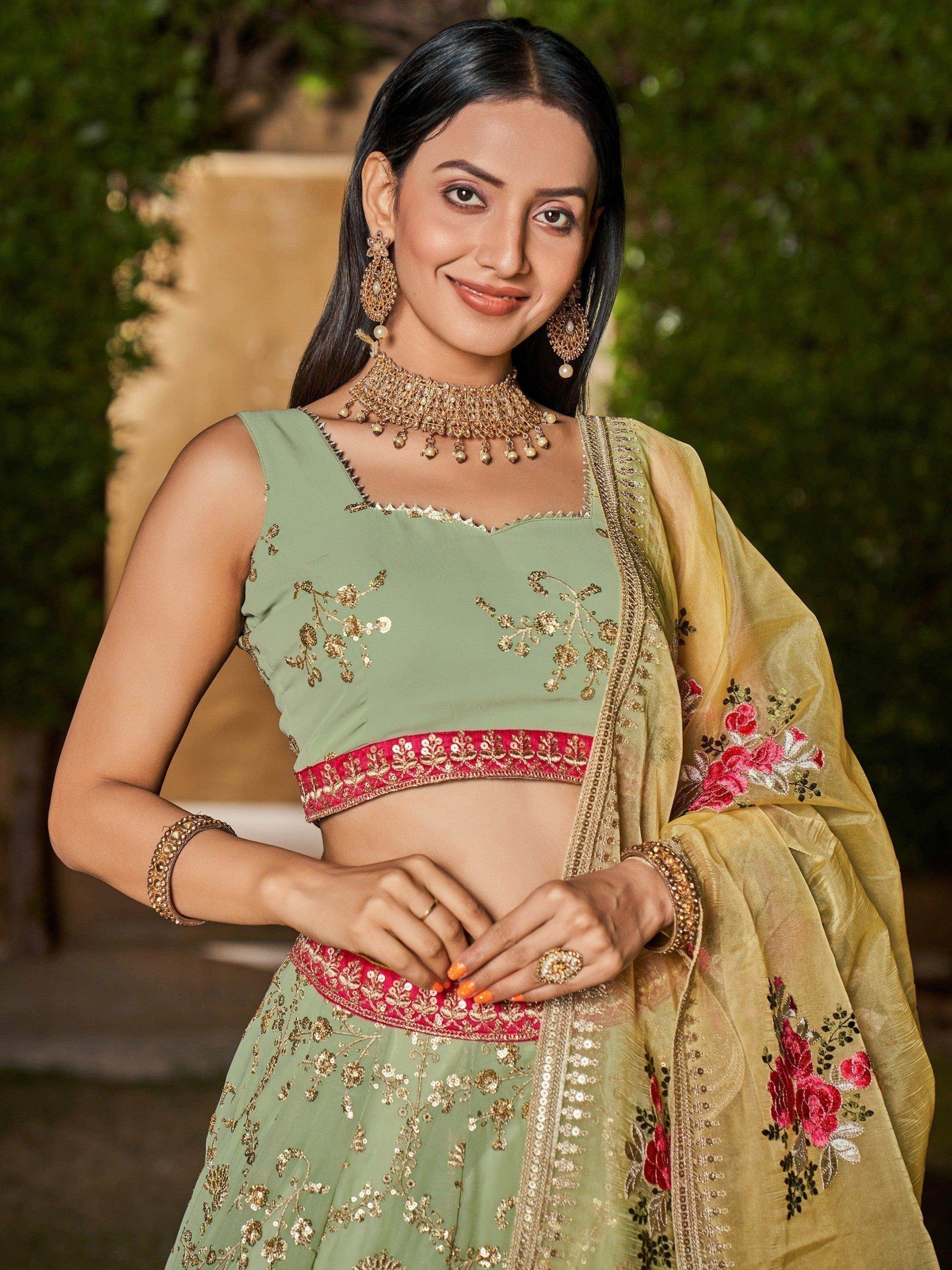 Attractive Pista Green Sequins Georgette Lehenga Choli With Dupatta - Zeel Clothing