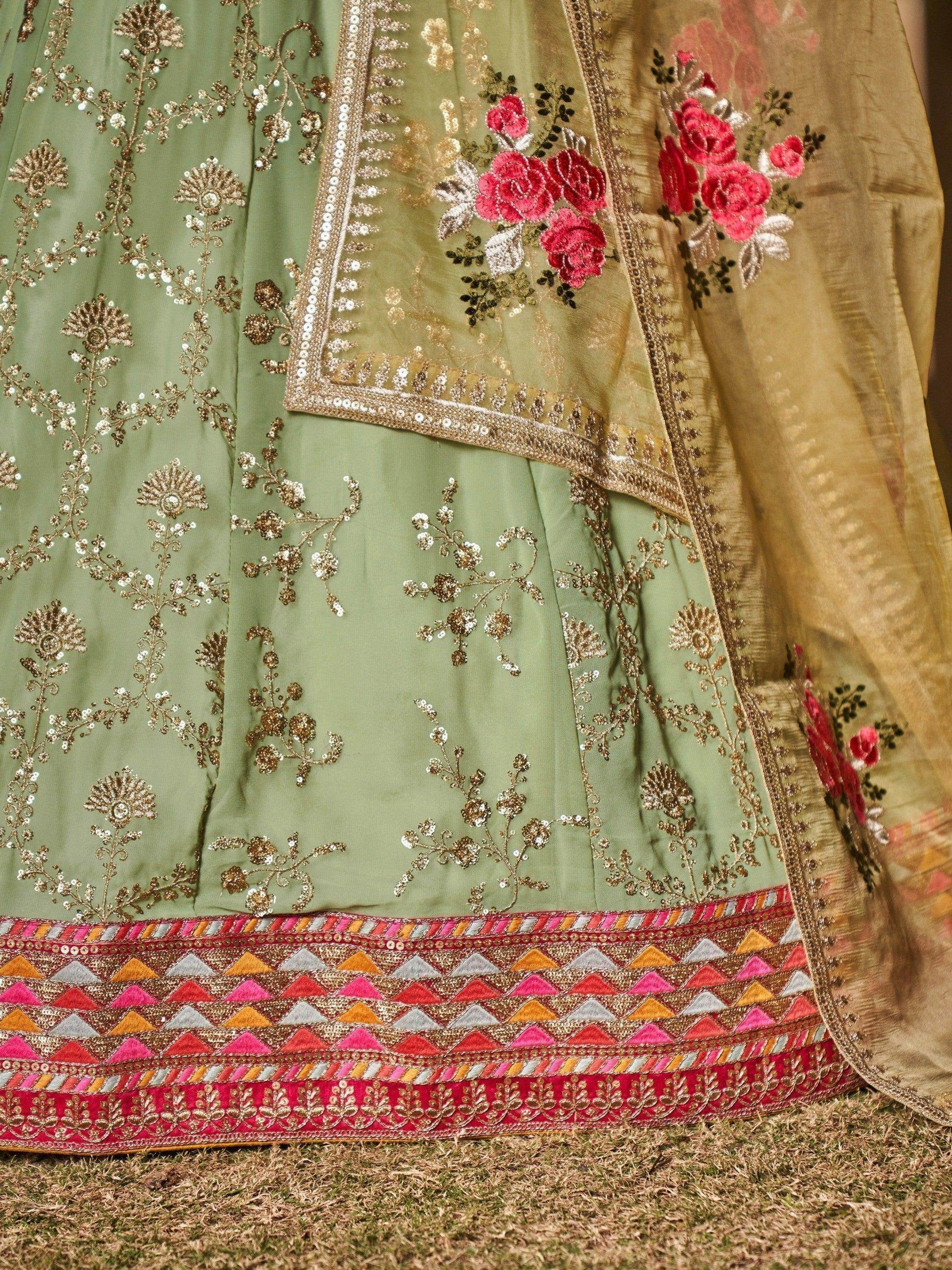 Attractive Pista Green Sequins Georgette Lehenga Choli With Dupatta - Zeel Clothing