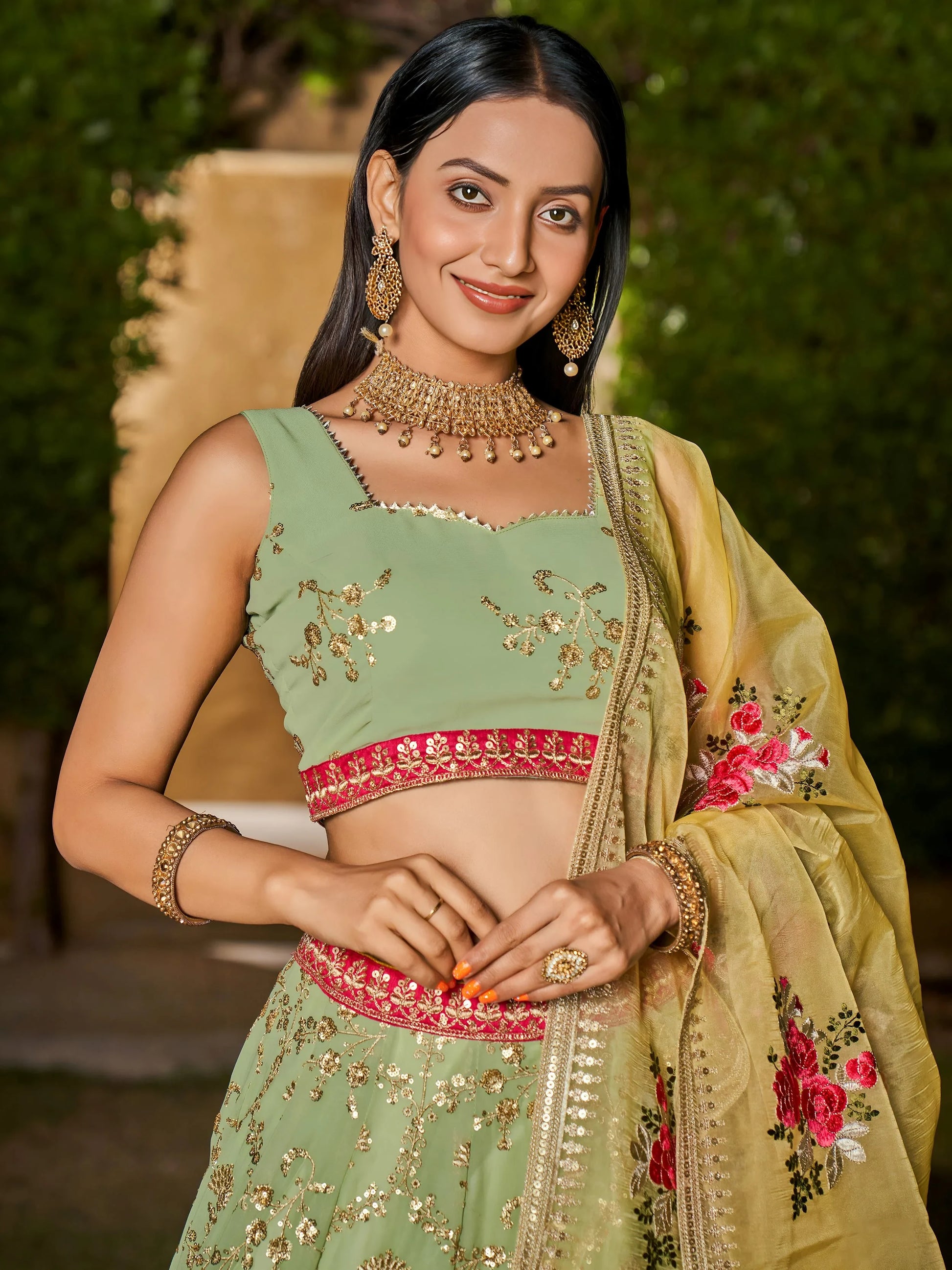Attractive Pista Green Sequins Georgette Lehenga Choli With Dupatta