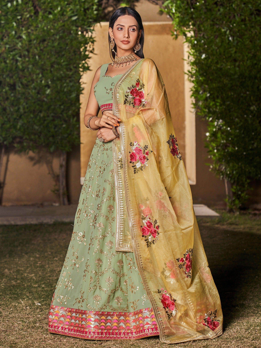 Attractive Pista Green Sequins Georgette Lehenga Choli With Dupatta - Zeel Clothing