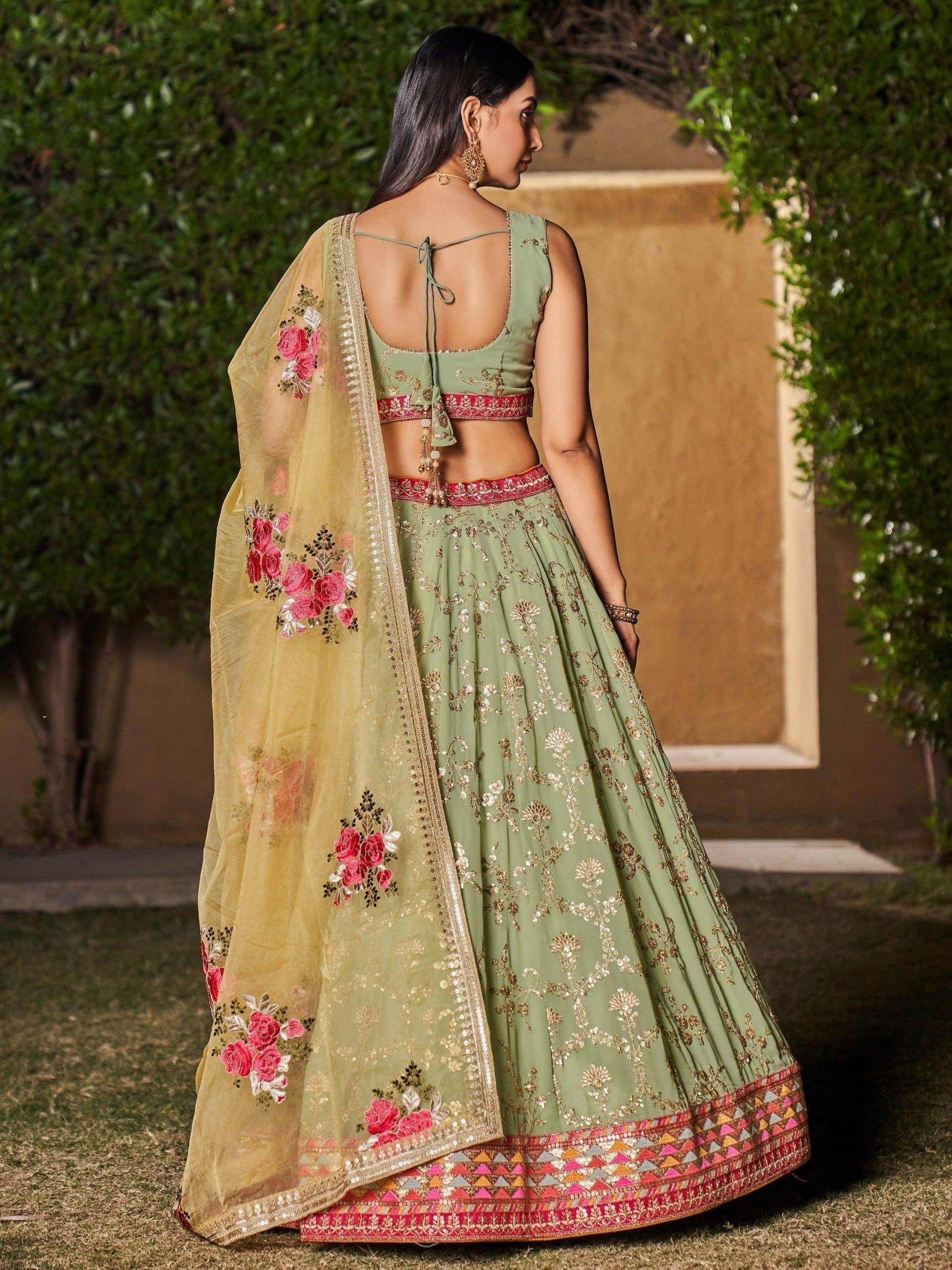 Attractive Pista Green Sequins Georgette Lehenga Choli With Dupatta - Zeel Clothing