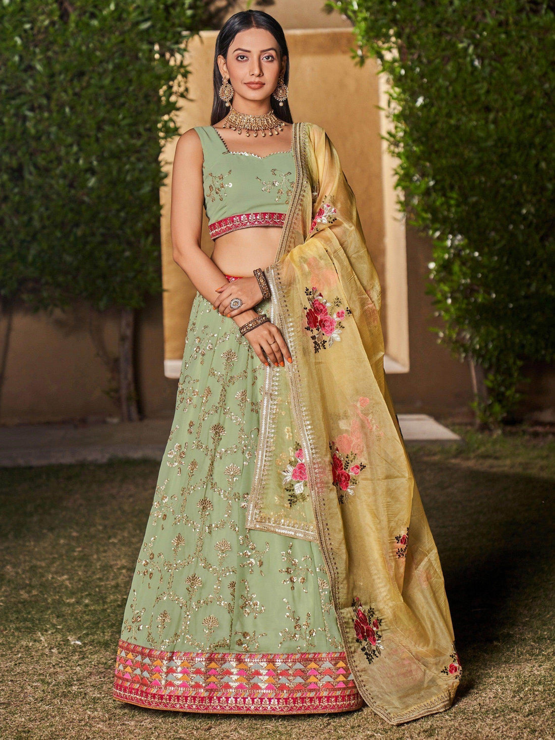 Attractive Pista Green Sequins Georgette Lehenga Choli With Dupatta - Zeel Clothing