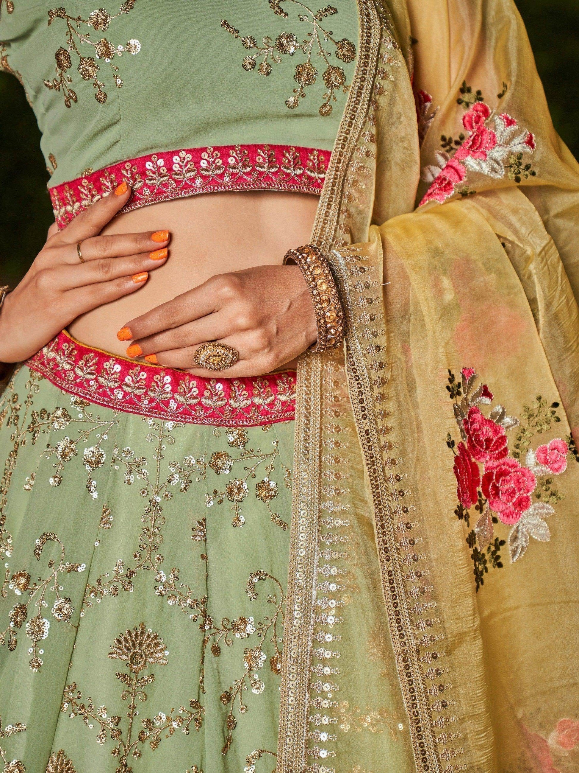 Attractive Pista Green Sequins Georgette Lehenga Choli With Dupatta - Zeel Clothing