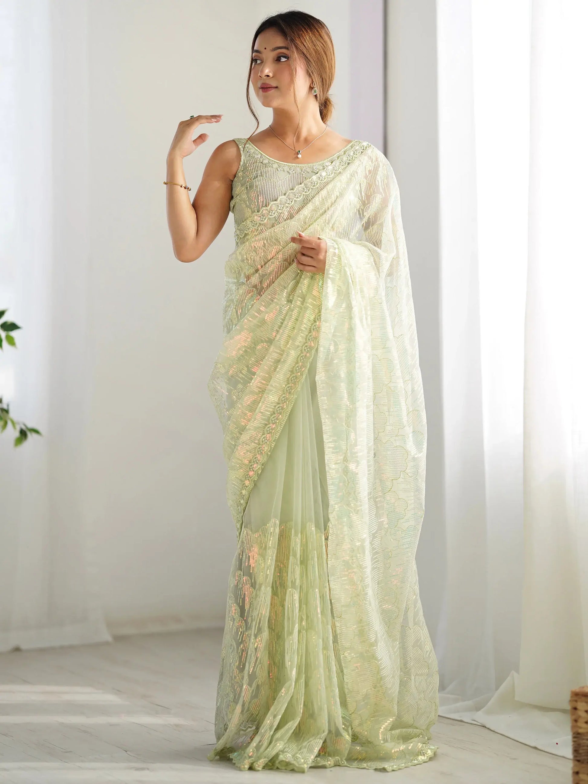 Attractive Pista Green Sequins Net Festival Wear Saree With Blouse - Zeel Clothing