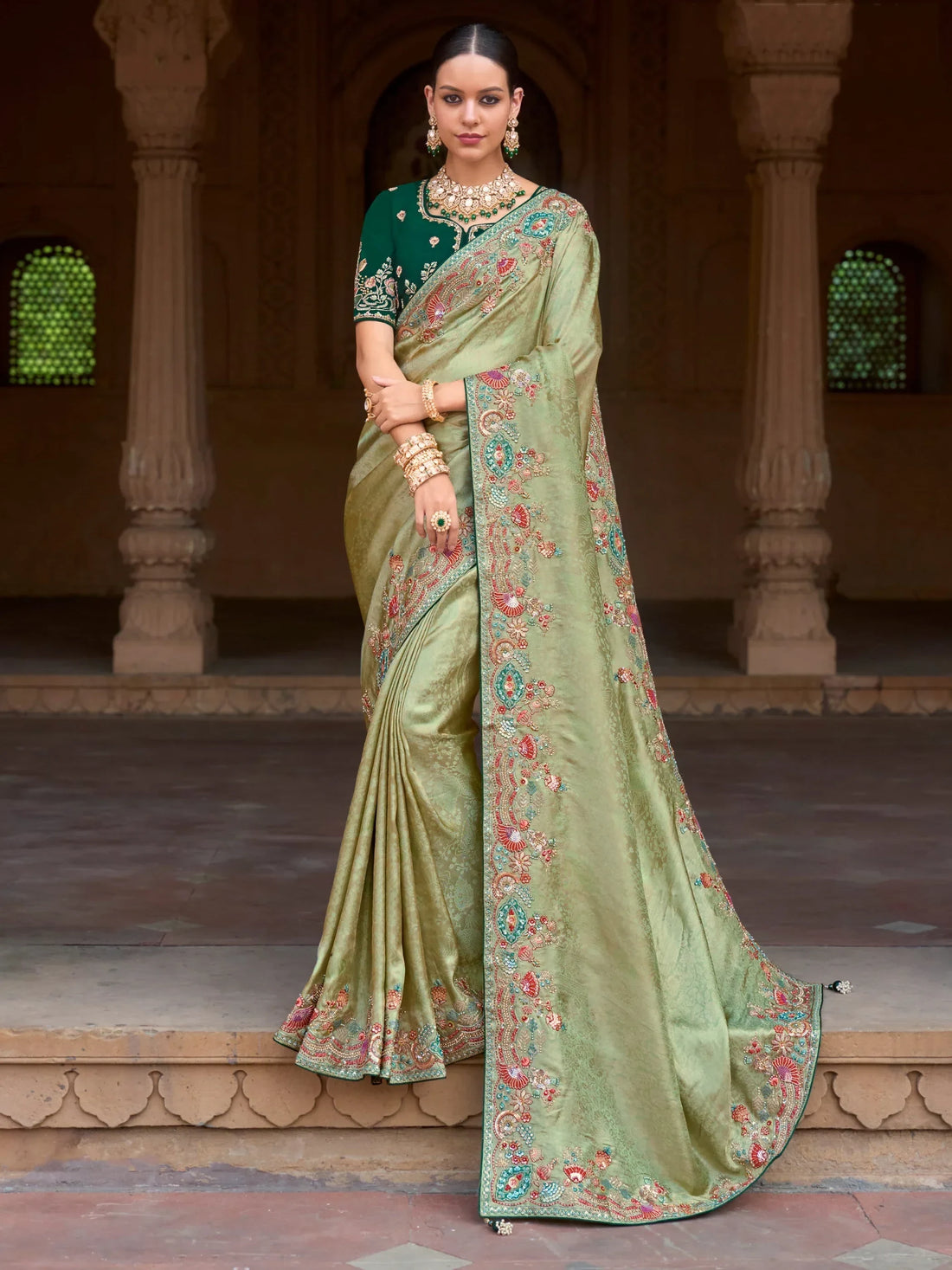 Attractive Pista Green Sequins Silk Festival Wear Saree With Blouse - Zeel Clothing