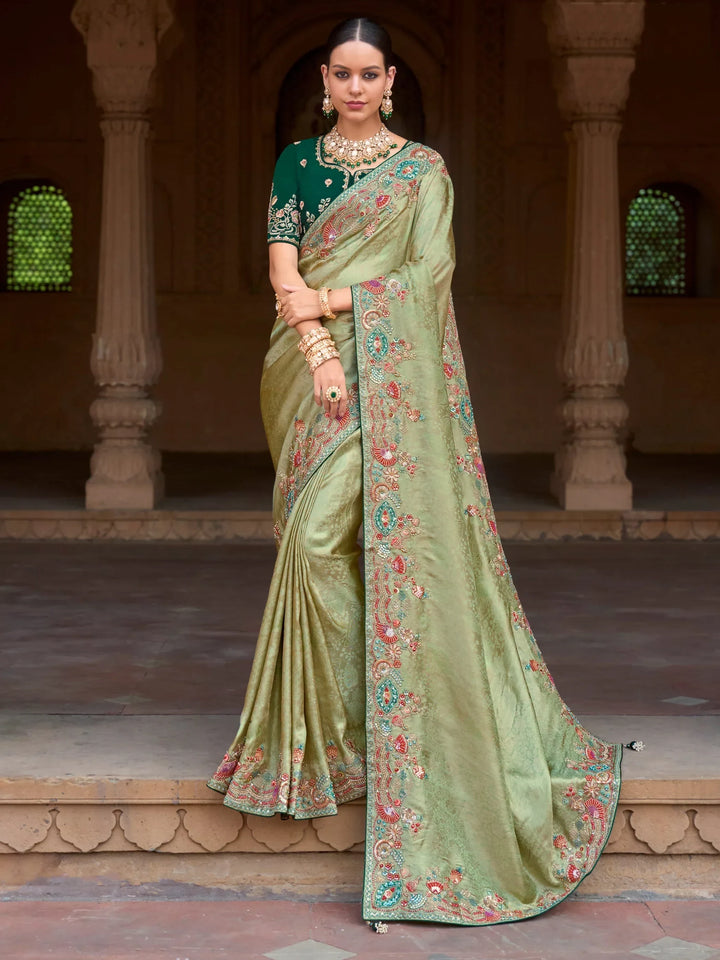 Attractive Pista Green Sequins Silk Festival Wear Saree With Blouse - Zeel Clothing
