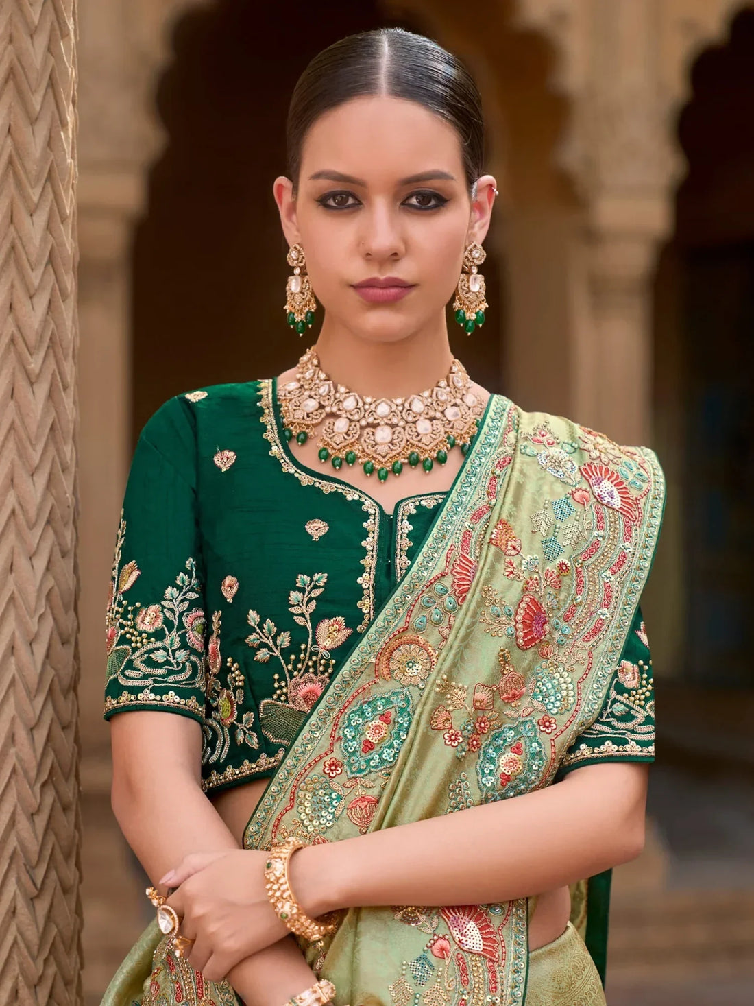 Attractive Pista Green Sequins Silk Festival Wear Saree With Blouse - Zeel Clothing