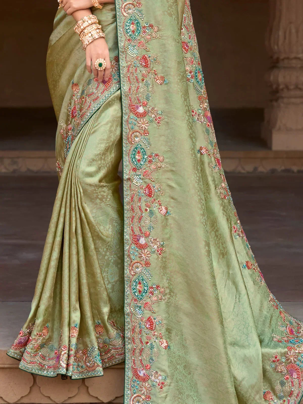 Attractive Pista Green Sequins Silk Festival Wear Saree With Blouse - Zeel Clothing