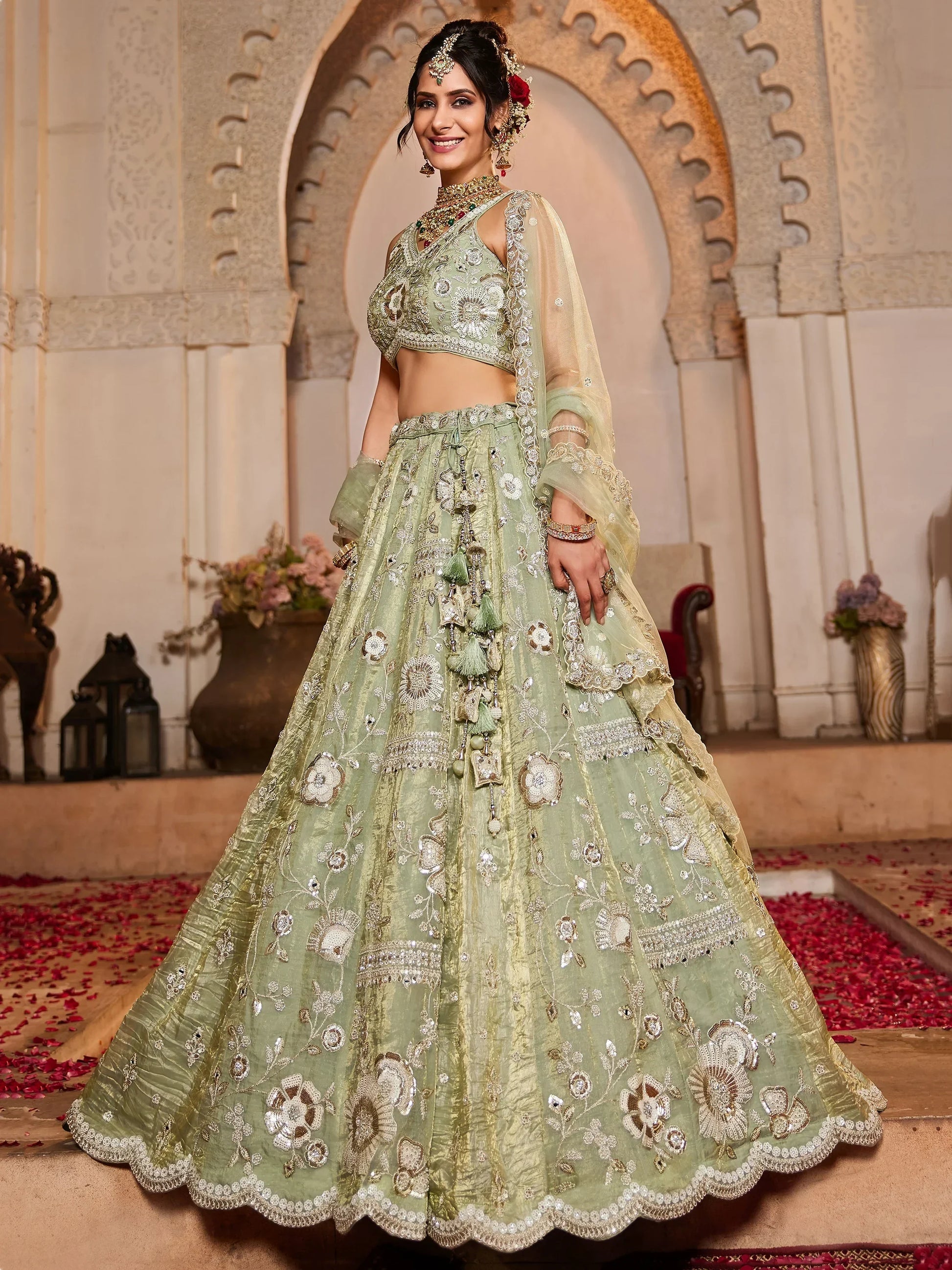 Attractive Pista Green Sequins Work Tissue Silk Bridal Lehenga Choli - Zeel Clothing