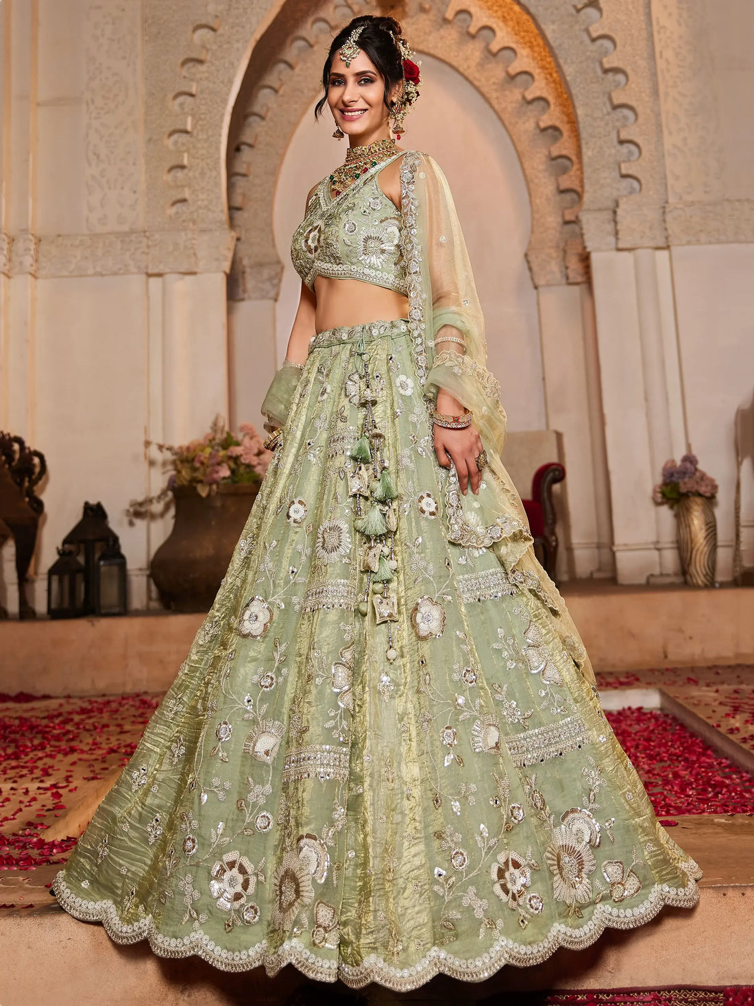 Attractive Pista Green Sequins Work Tissue Silk Bridal Lehenga Choli - Zeel Clothing