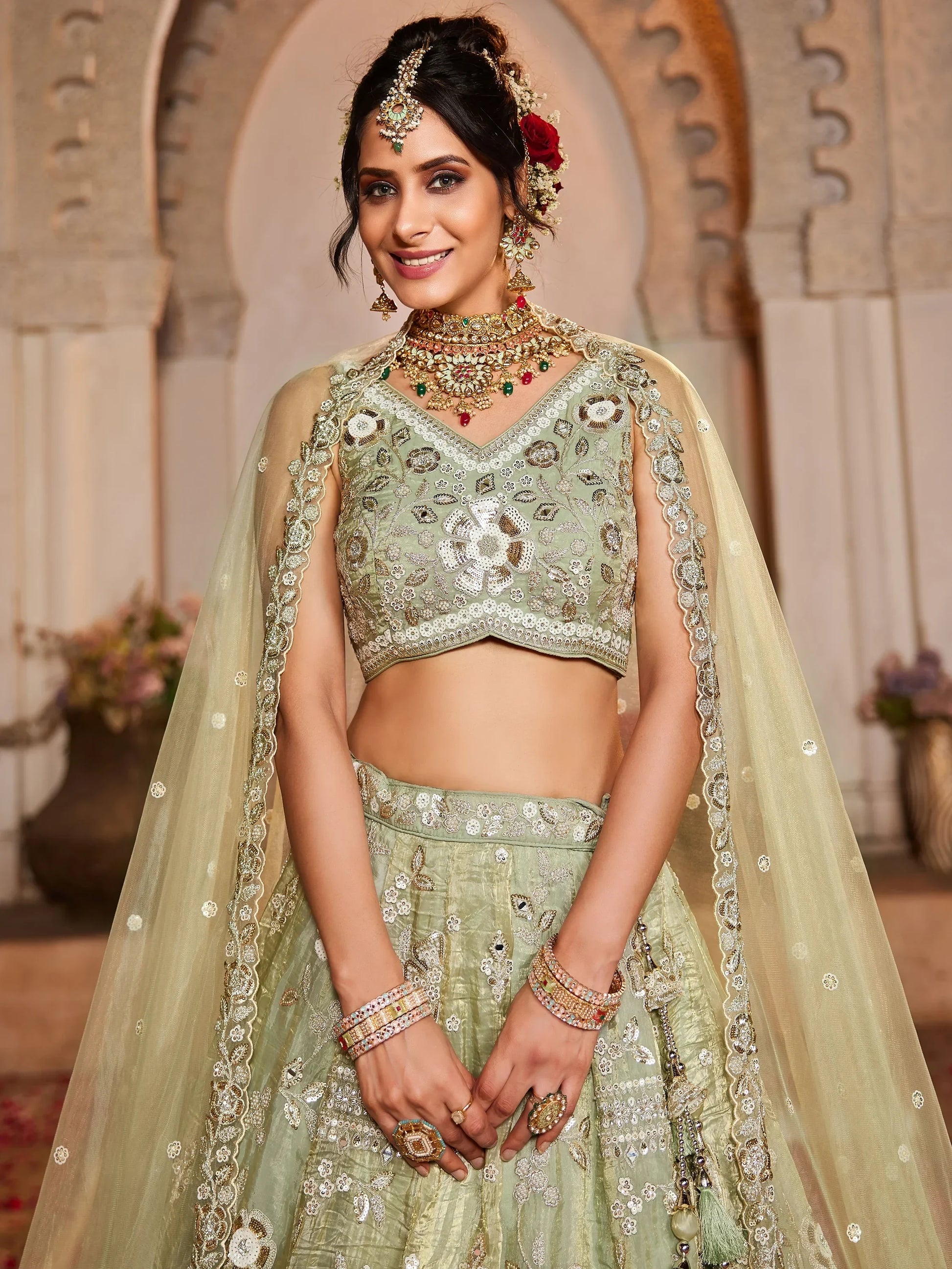 Attractive Pista Green Sequins Work Tissue Silk Bridal Lehenga Choli - Zeel Clothing