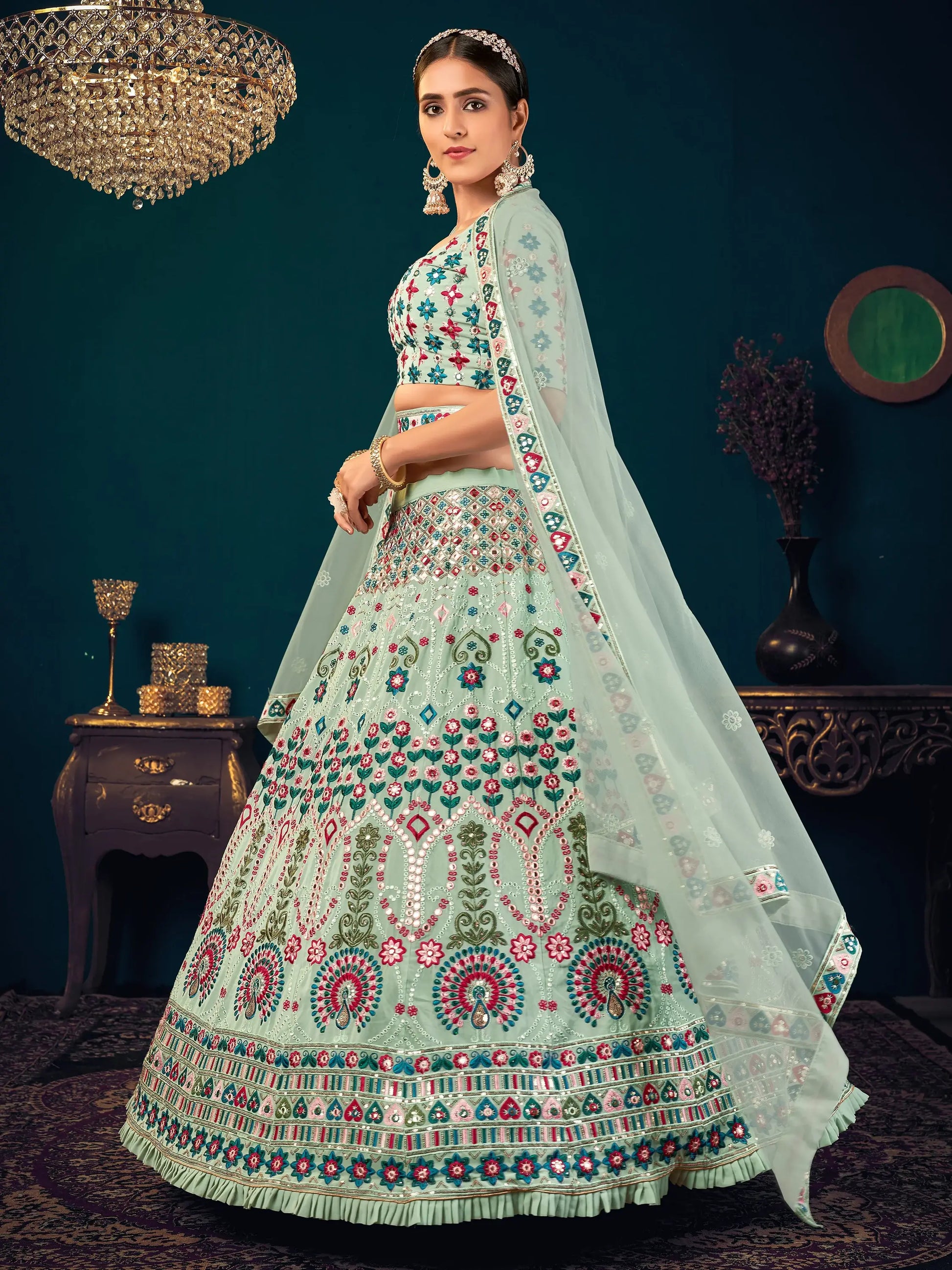 Attractive Pista Green Thread Embroidered Georgette Lehenga Choli - Zeel Clothing
