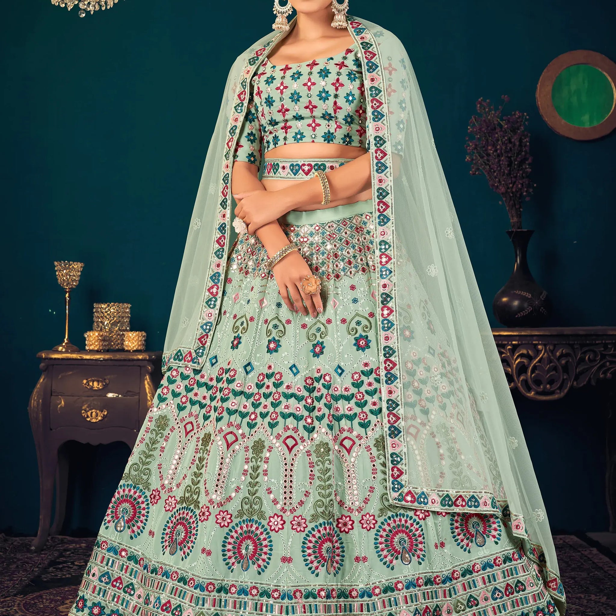 Attractive Pista Green Thread Embroidered Georgette Lehenga Choli - Zeel Clothing