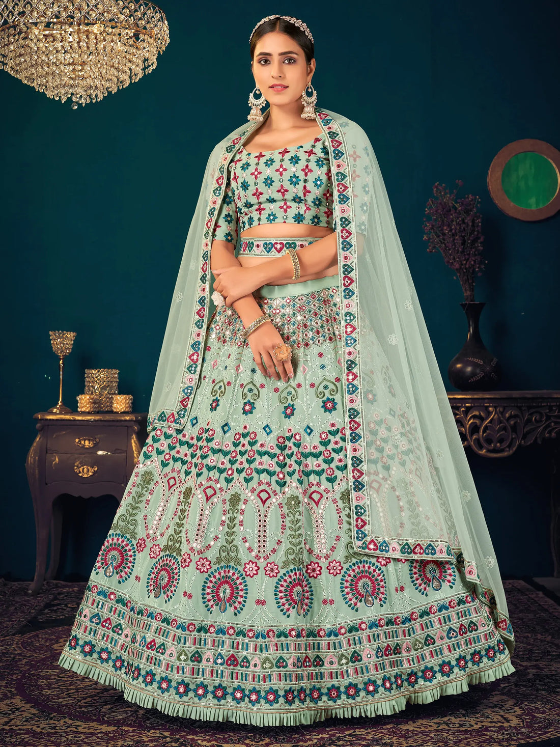 Attractive Pista Green Thread Embroidered Georgette Lehenga Choli - Zeel Clothing