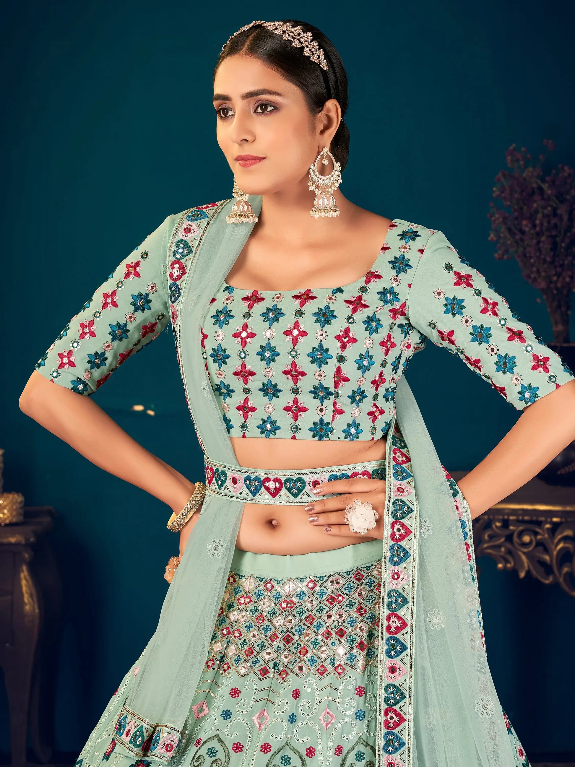 Attractive Pista Green Thread Embroidered Georgette Lehenga Choli - Zeel Clothing