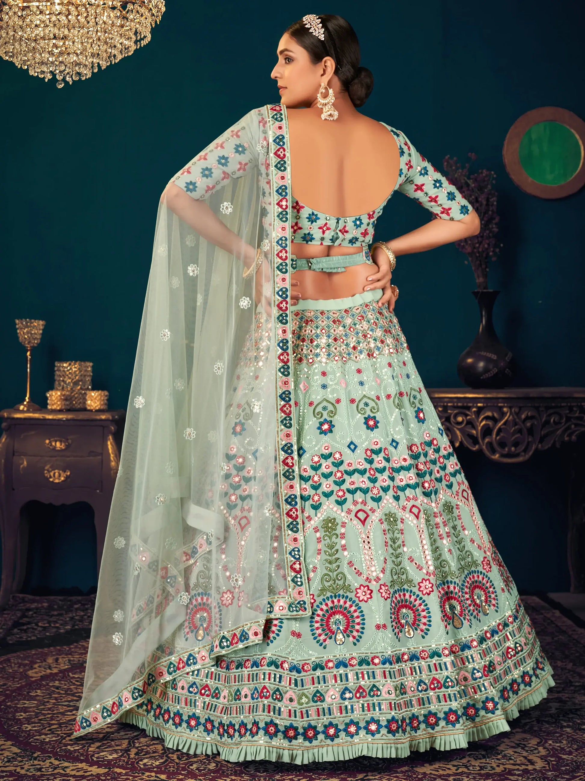 Attractive Pista Green Thread Embroidered Georgette Lehenga Choli - Zeel Clothing