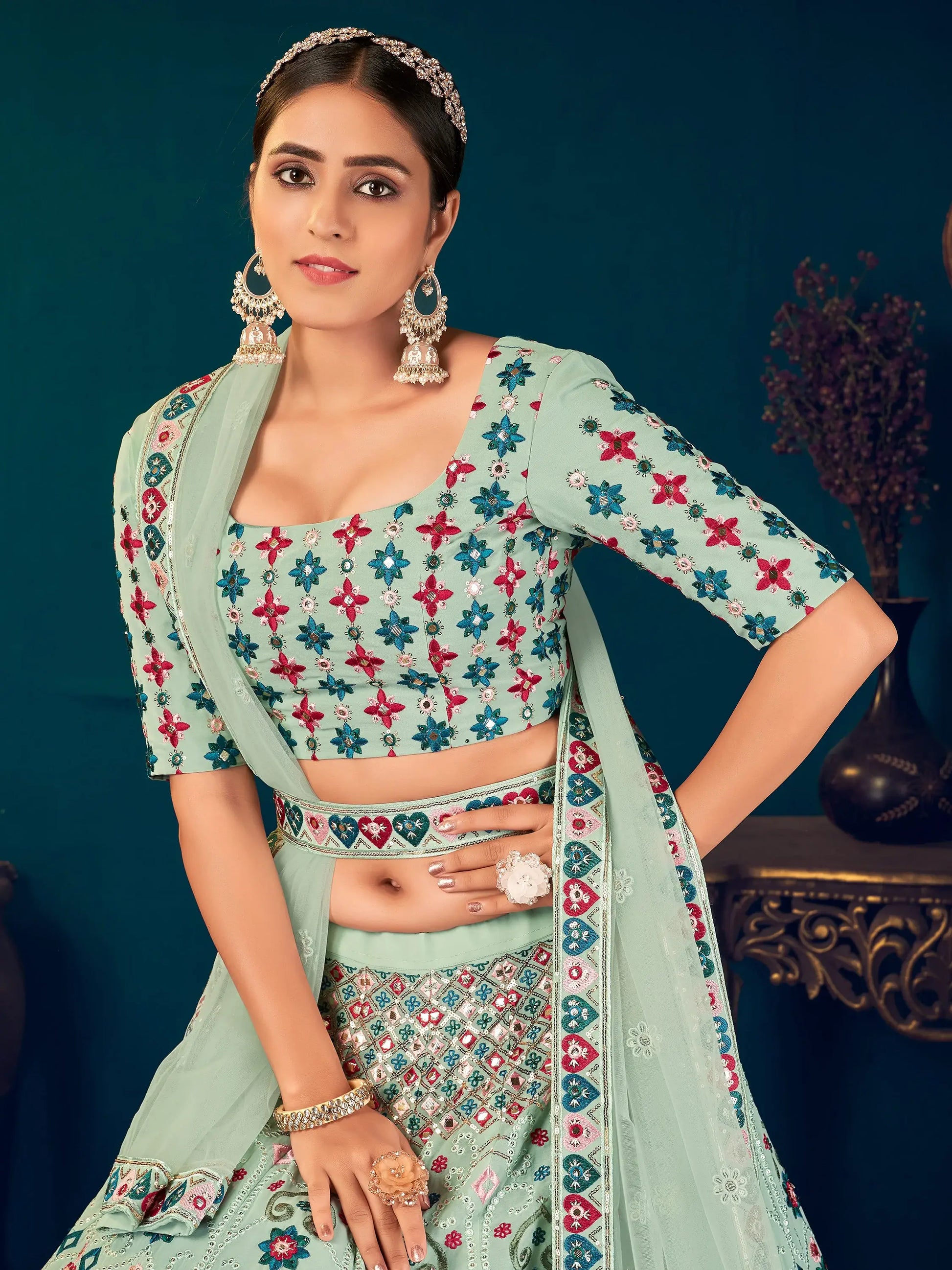 Attractive Pista Green Thread Embroidered Georgette Lehenga Choli - Zeel Clothing