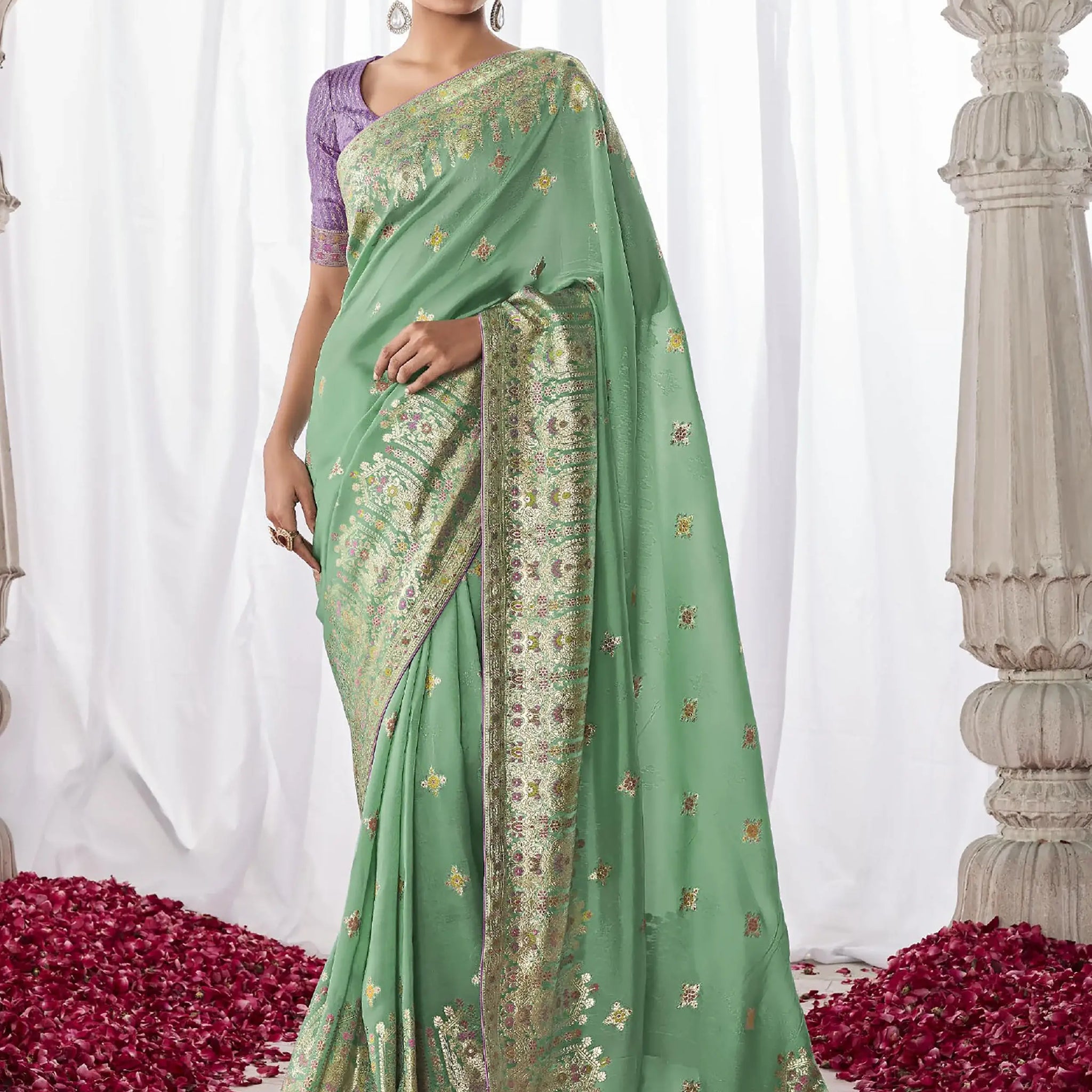 Attractive Pista Green Zari Weaving Silk Festive Wear Saree - Zeel Clothing