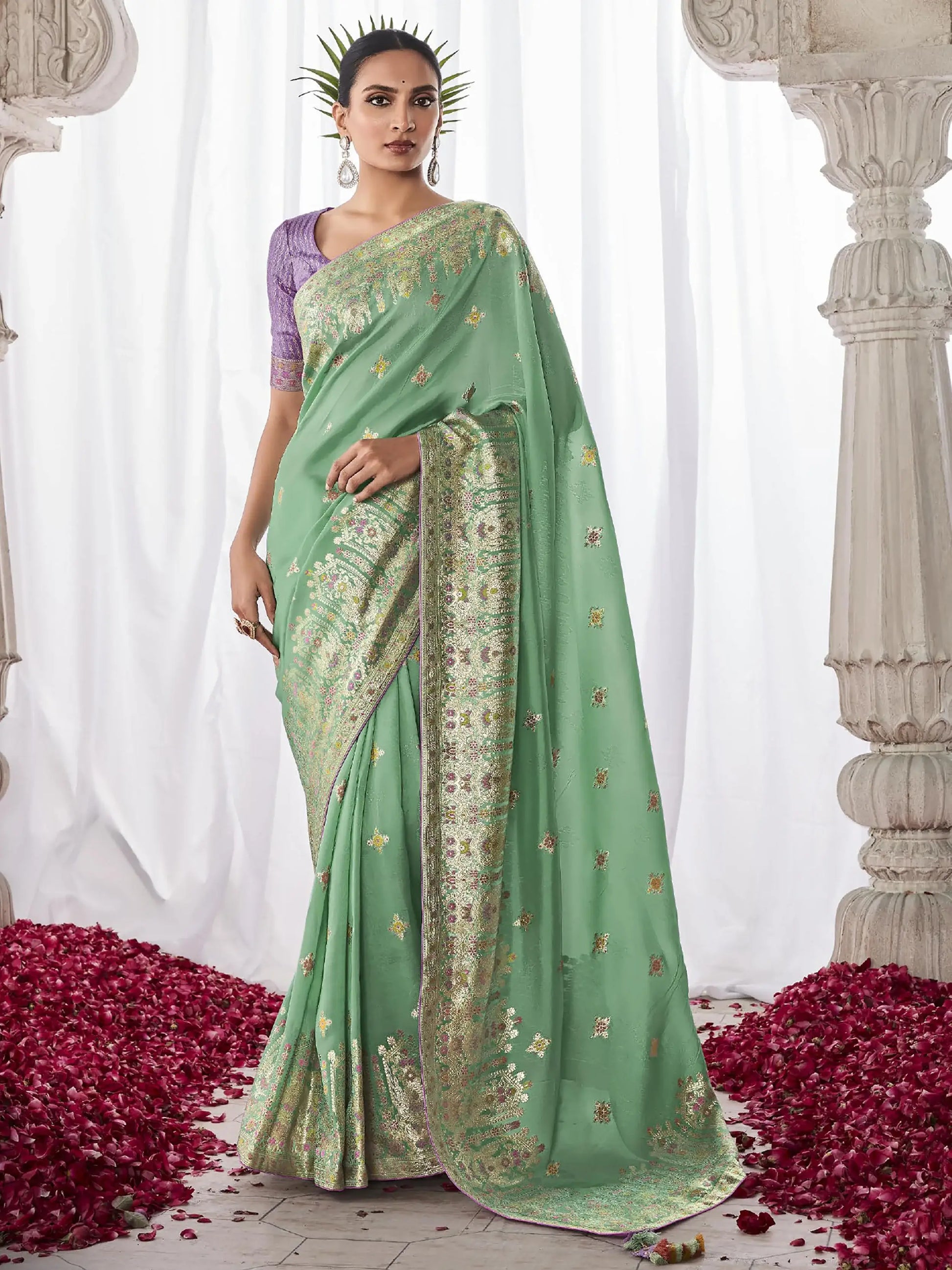Attractive Pista Green Zari Weaving Silk Festive Wear Saree - Zeel Clothing