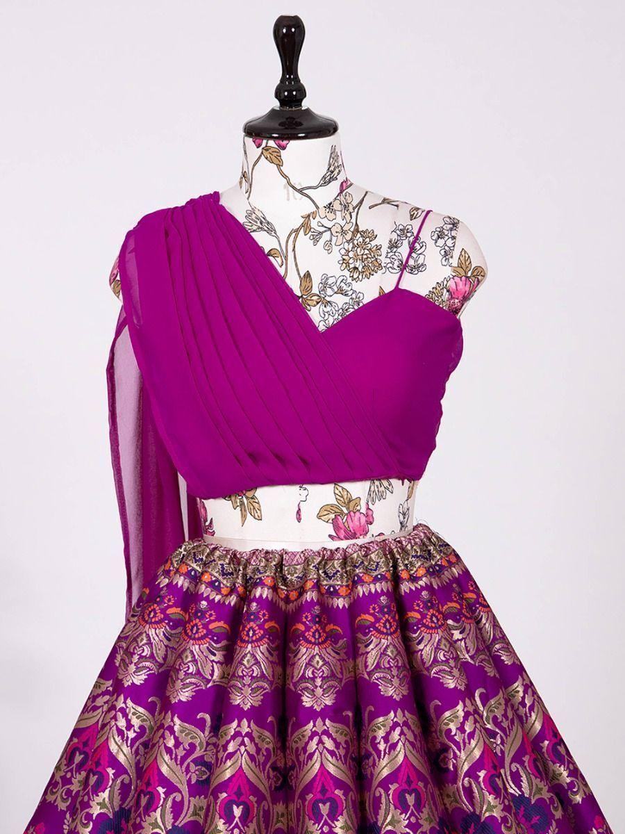 Attractive Purple Banarasi Silk Indo-Western Crop Top Lehenga