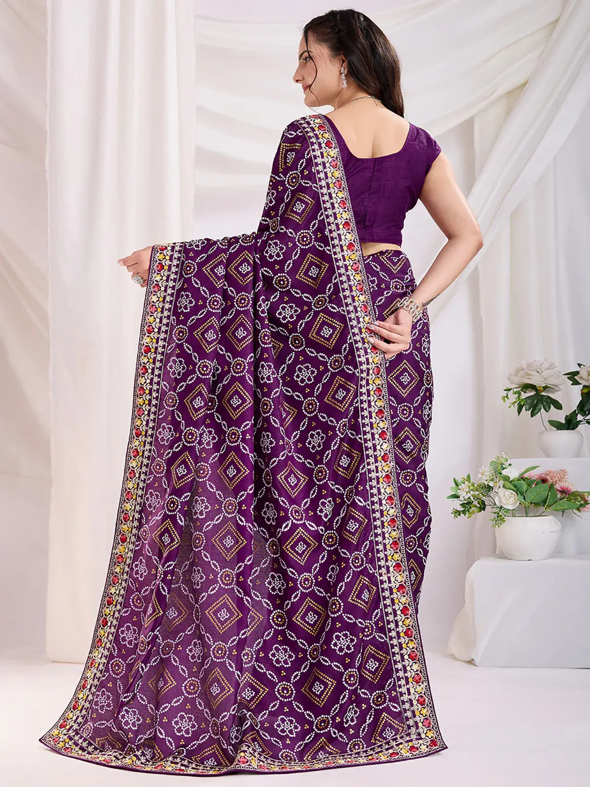 Attractive Purple Bandhani Printed Silk Wedding Saree - Zeel Clothing