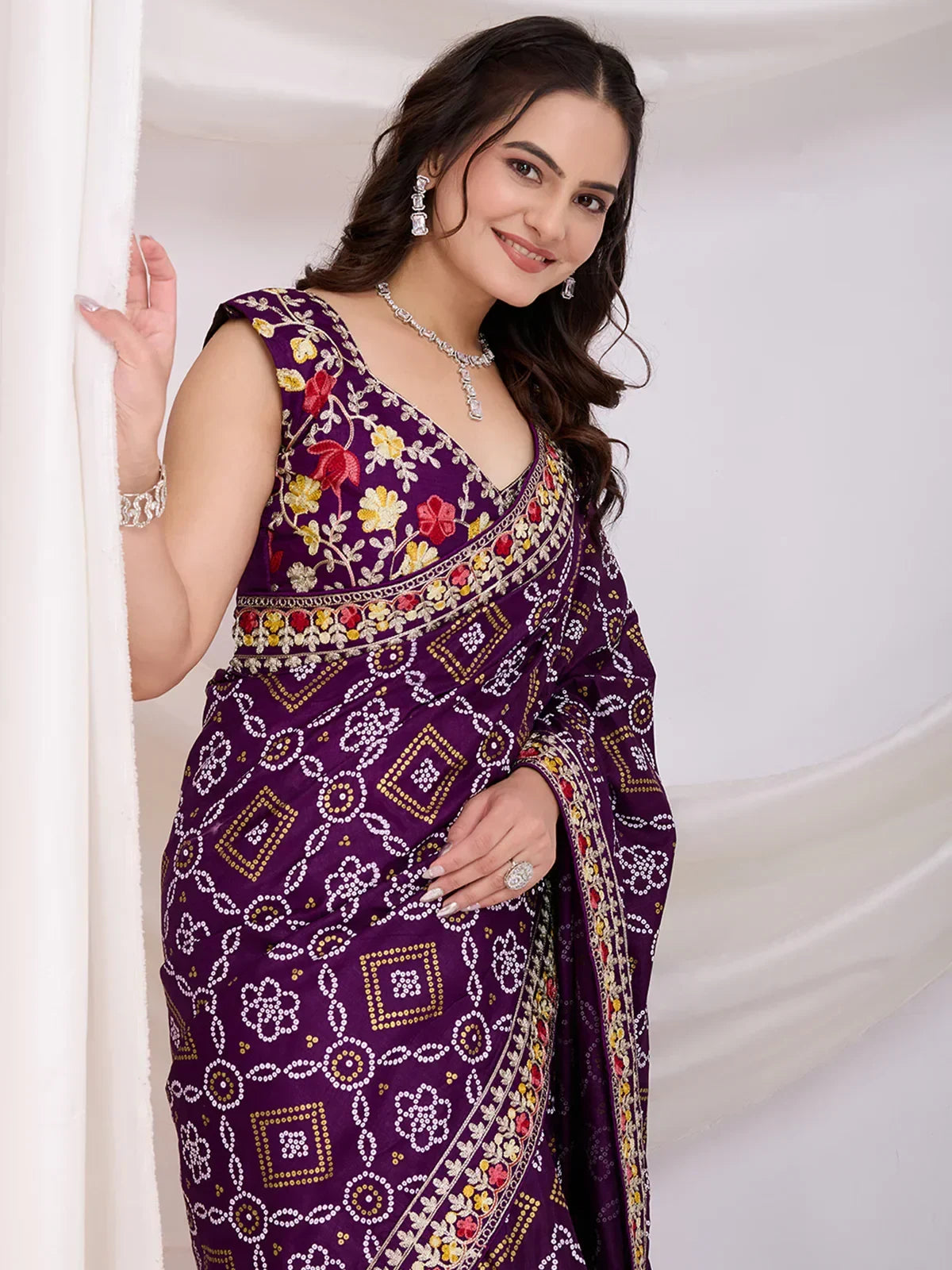 Attractive Purple Bandhani Printed Silk Wedding Saree - Zeel Clothing