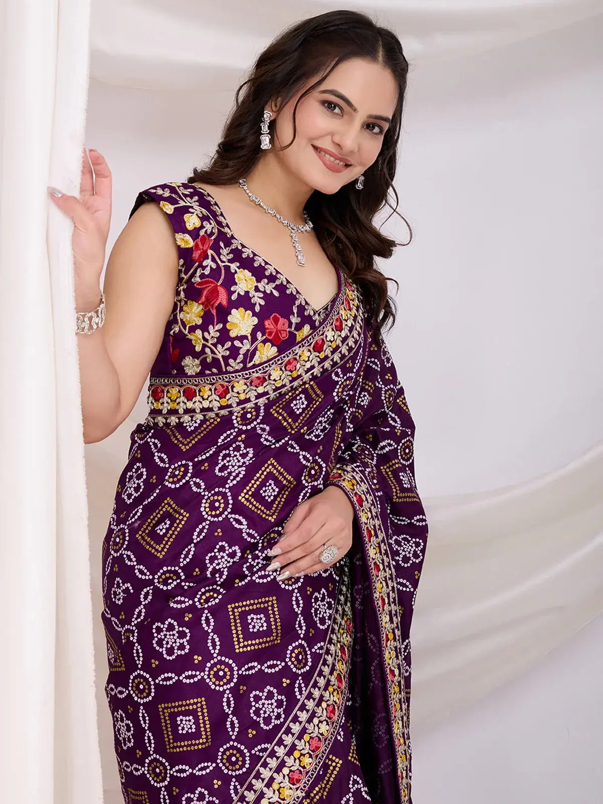 Attractive Purple Bandhani Printed Silk Wedding Saree - Zeel Clothing