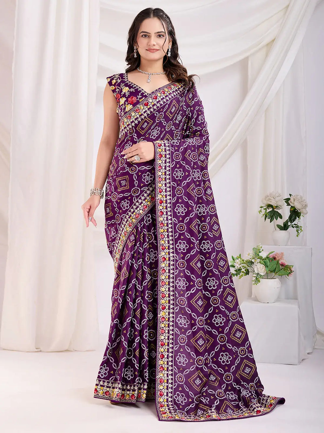 Attractive Purple Bandhani Printed Silk Wedding Saree - Zeel Clothing