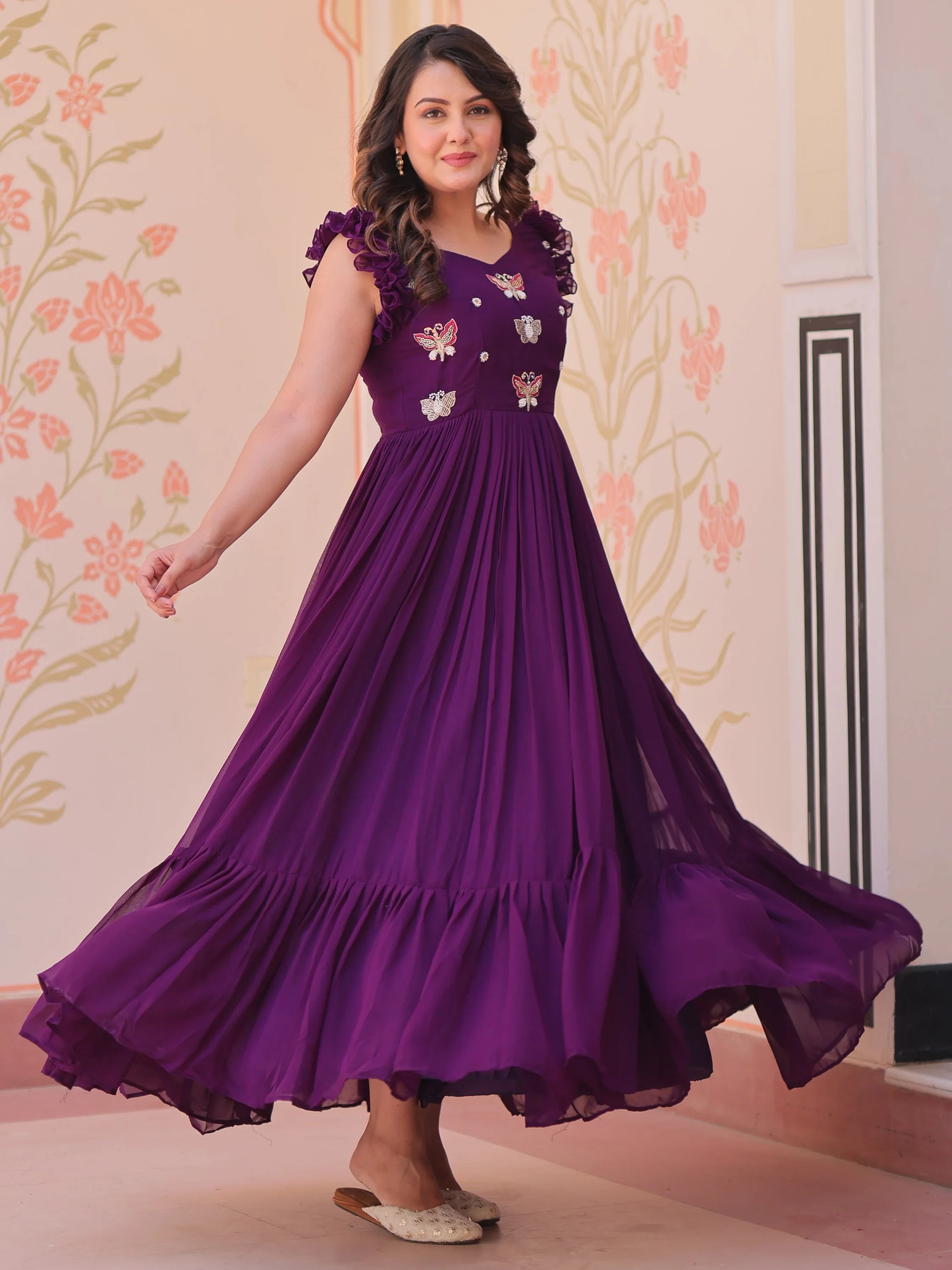 Attractive Purple Beads Work Organza Party Wear Gown - Zeel Clothing
