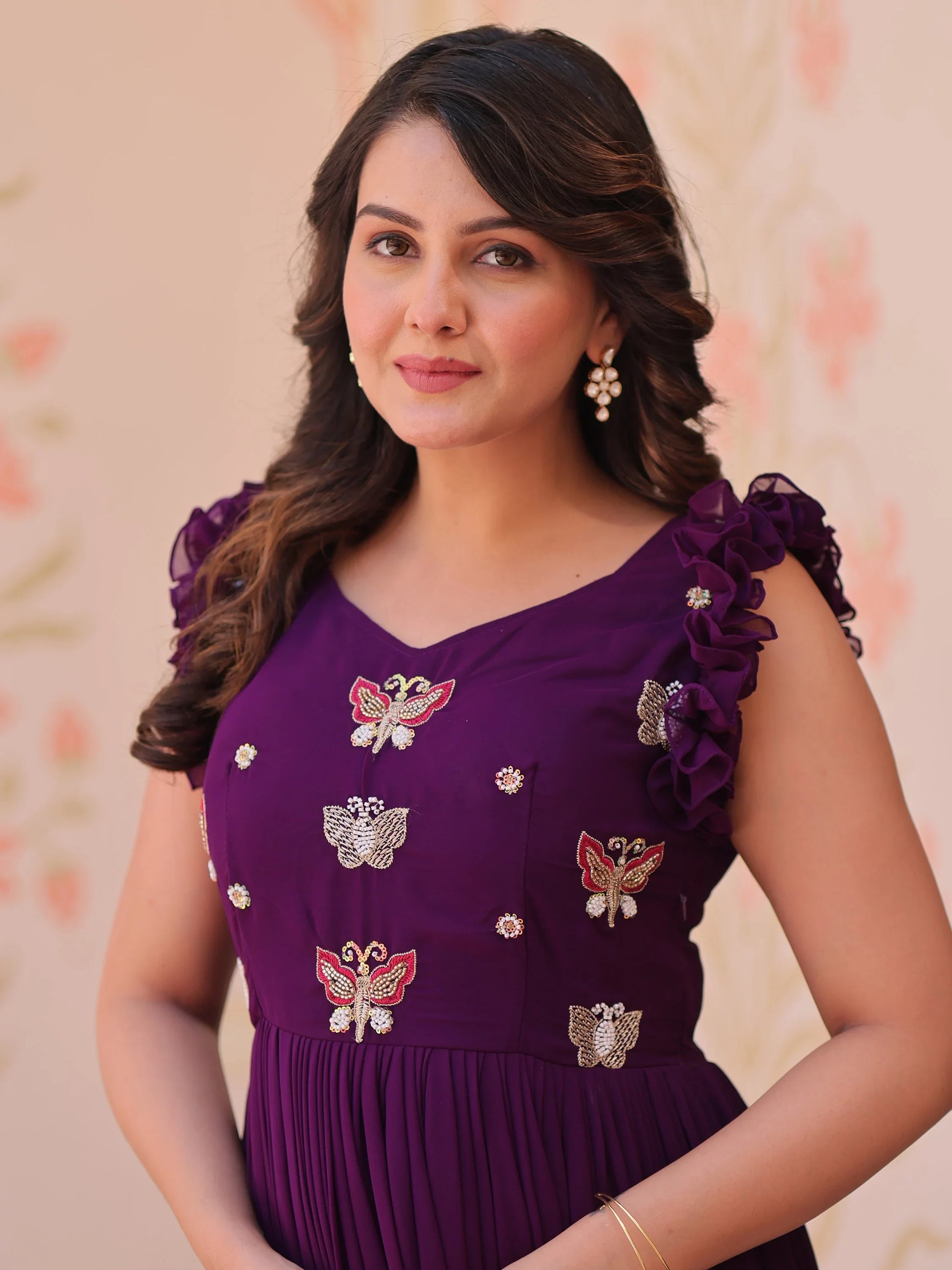 Attractive Purple Beads Work Organza Party Wear Gown - Zeel Clothing