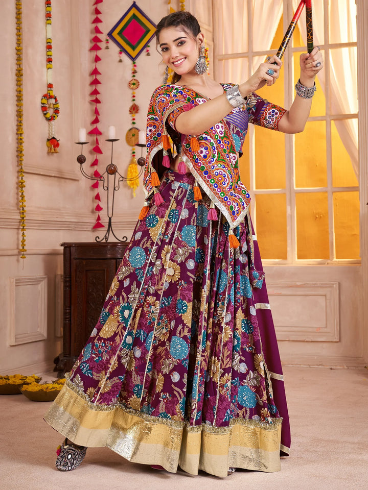 Attractive Purple Digital Print Cotton Navratri Special Lehenga With Blouse
