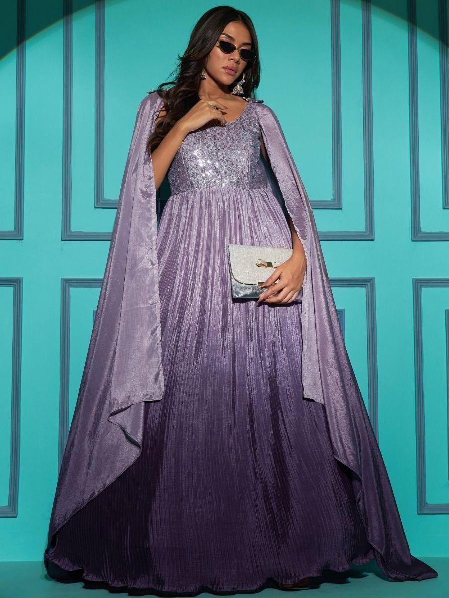 Attractive Purple Embroidered Chinon Party Wear Gown